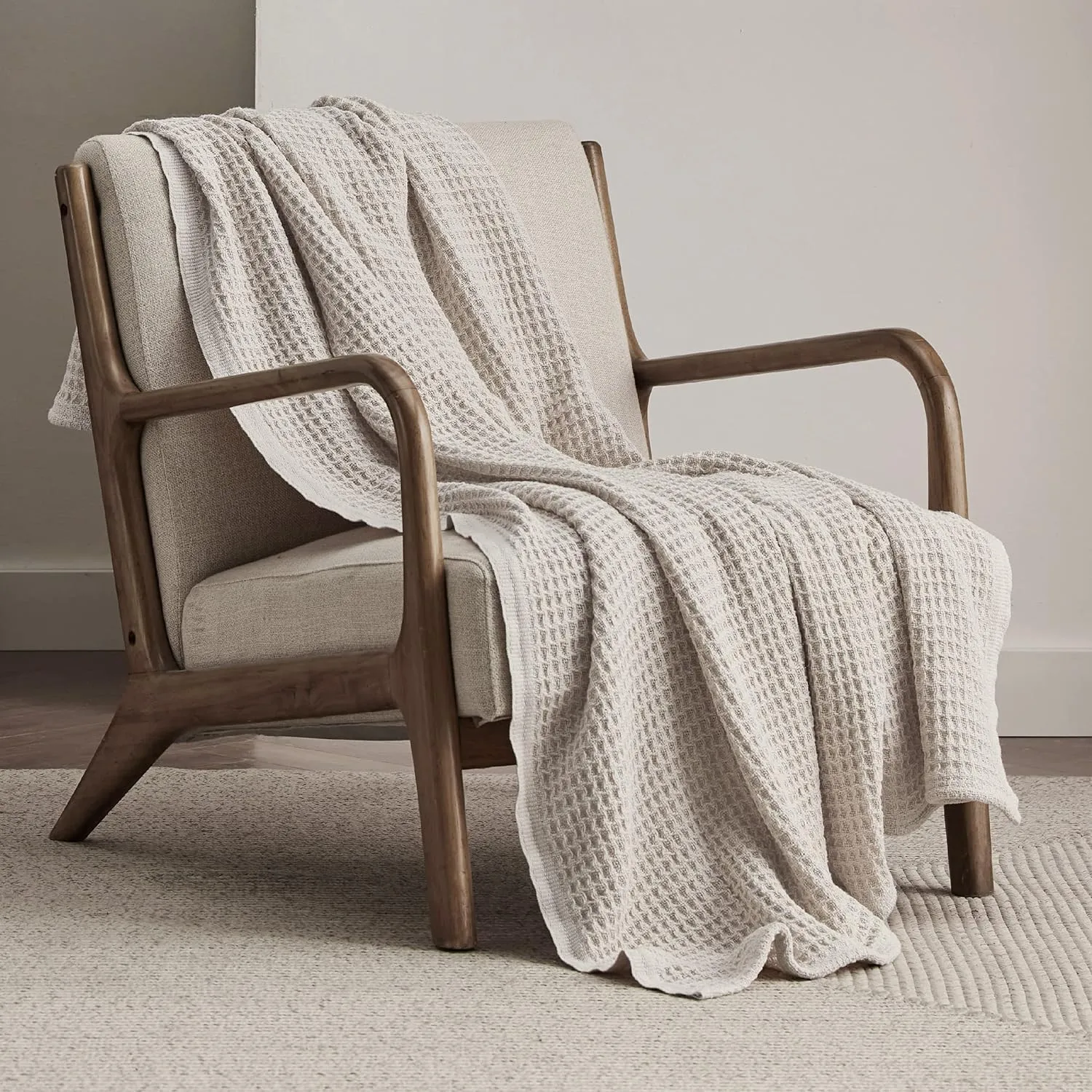 100% Cotton Throw Blankets For Couch - Waffle Weave Blankets For All Seasons, Cozy And Soft Woven Blankets, Lightweight Fall Throw Blankets, Light Beige/Linen, 50X70 Inches