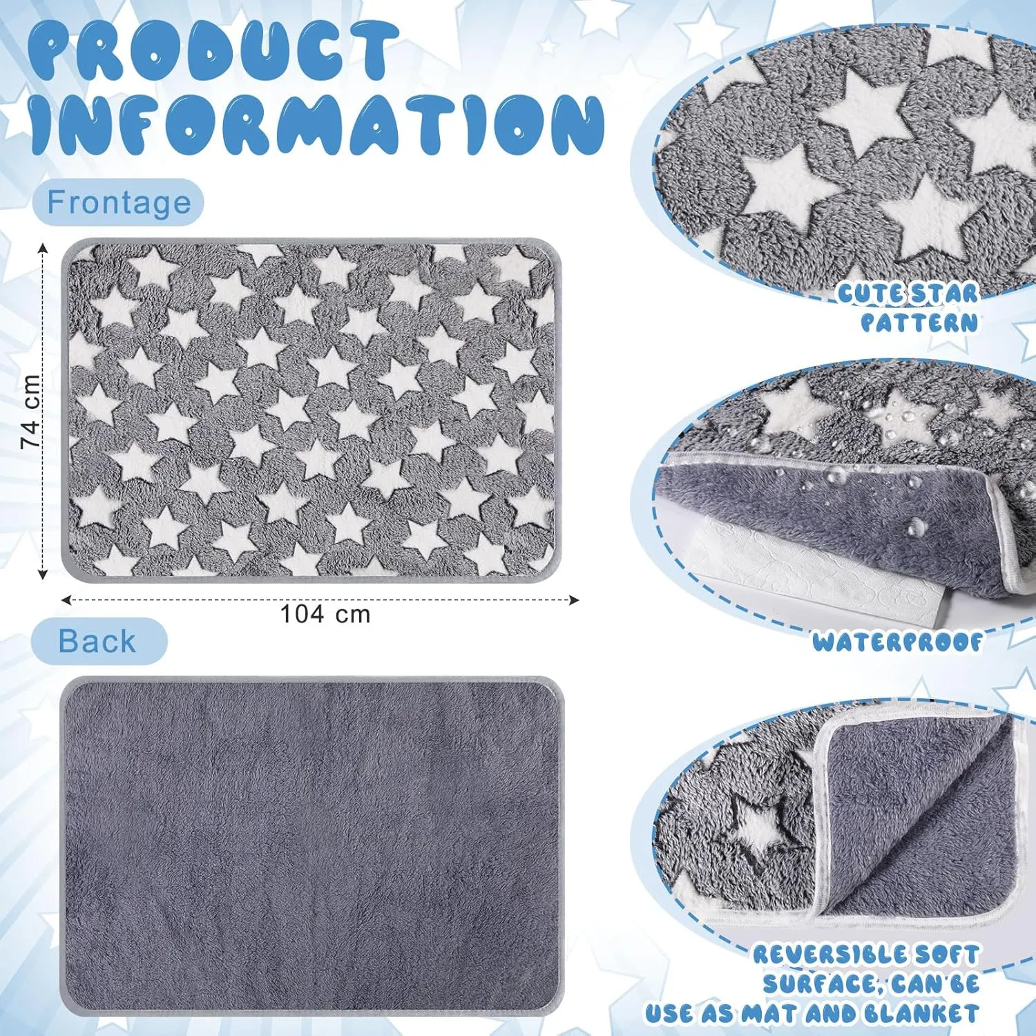 2 Pcs Self Heating Cat Pad Reflects Body Heat Dog Crate Self Warming Pet Pad Gray Nursing Cat Blankets Bed Mat for Newborn Kittens Puppies Eldly Cat Dog Washable(Large Star,41 x 29)
