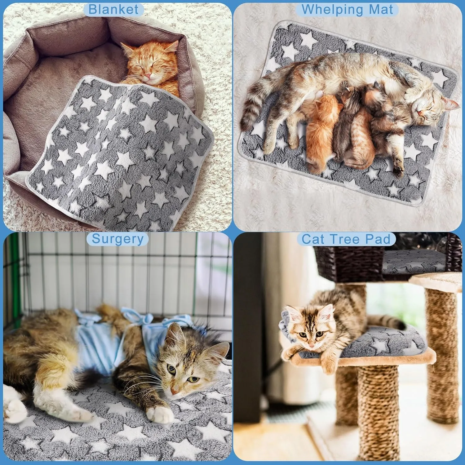 2 Pcs Self Heating Cat Pad Reflects Body Heat Dog Crate Self Warming Pet Pad Gray Nursing Cat Blankets Bed Mat for Newborn Kittens Puppies Eldly Cat Dog Washable(Large Star,41 x 29)