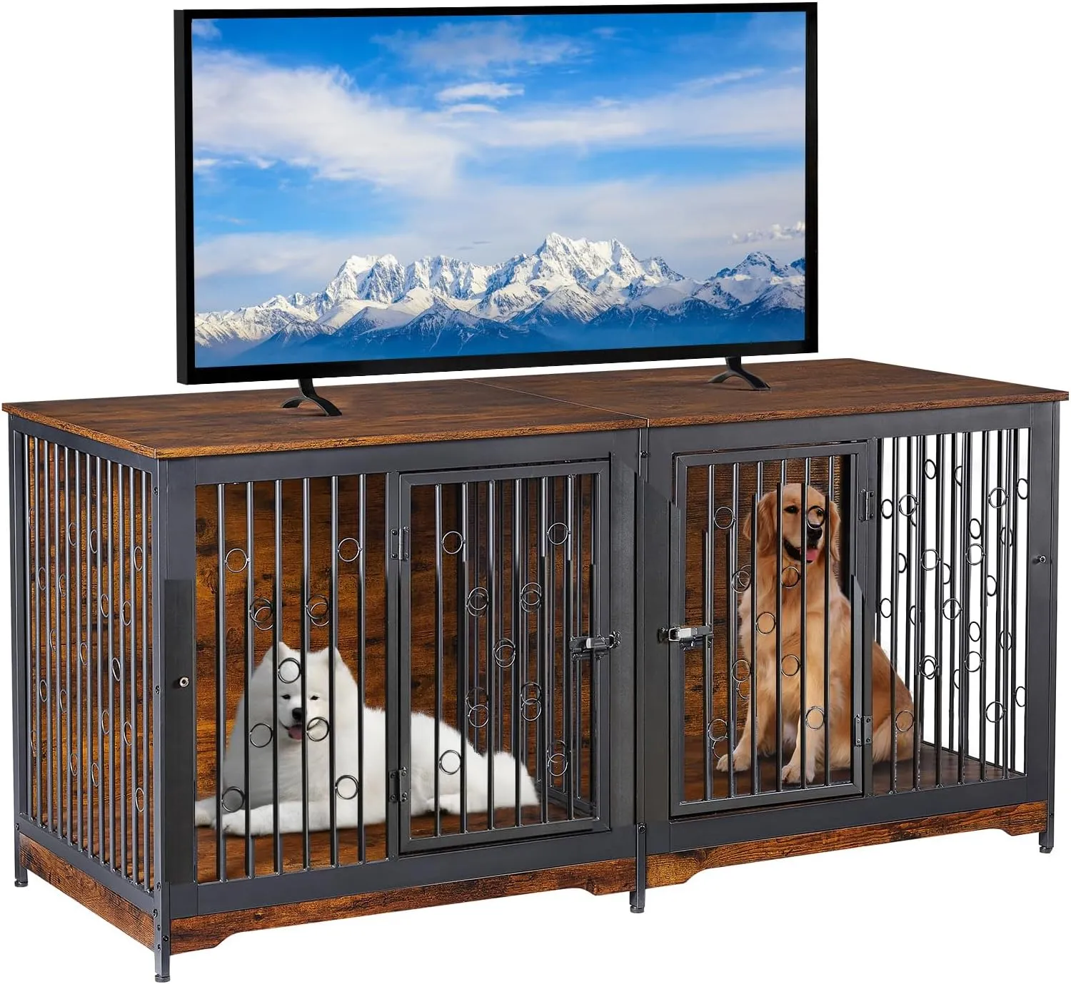 71'' Dog Crate Furniture for 2 Large Medium Dogs, XXL Wooden Indoor Double Crate Kennel Cage Large Breed with Door, TV Stand End Table with Divider, No Cushion,Brown