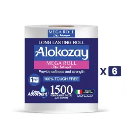 Alokozay Mega Roll Long Lasting - (1 ply x 1500 Sheets) 6 packs per carton