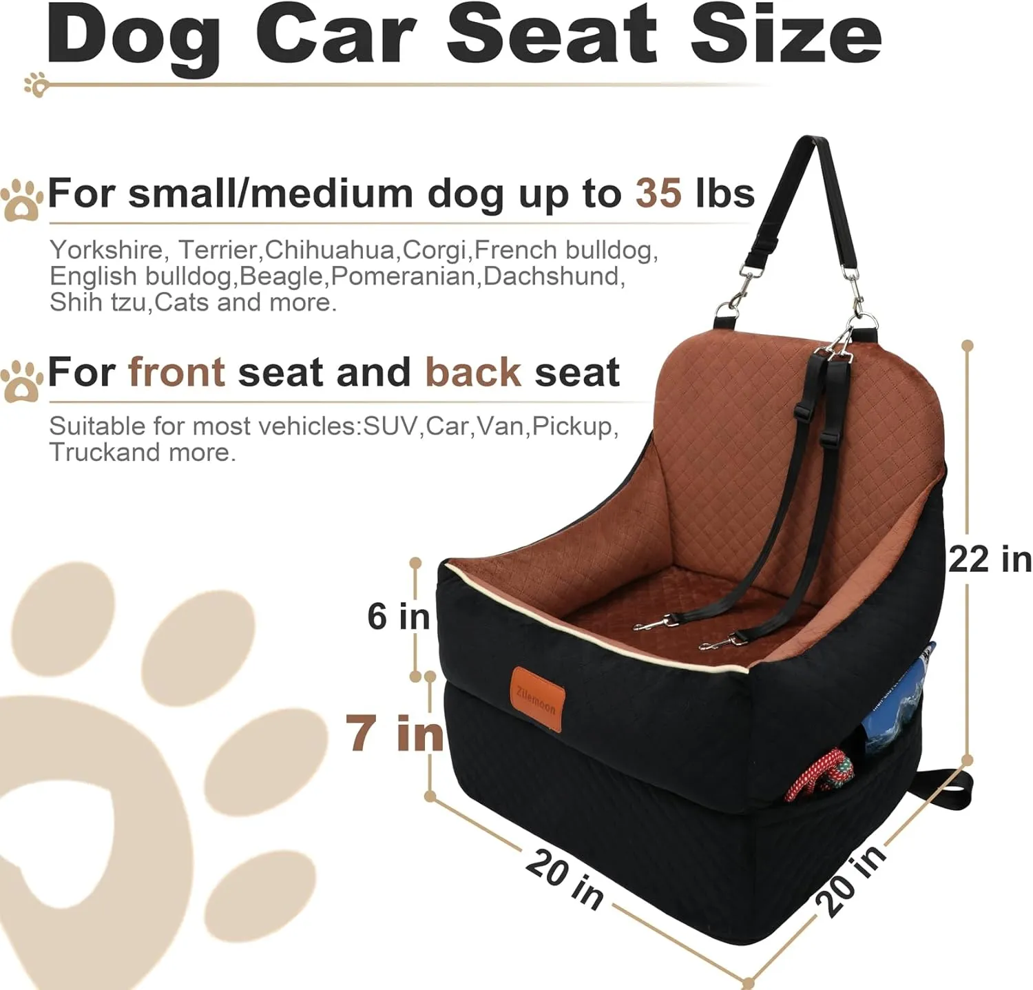 Car Dog Booster Seat,Interior Height 7 Inches Elevated for Small Dog up to 35 lbs,Pet Car Travel Safety Seat with 2 Safety Leashes,Storage Pockets,Non-Slip Bottom(Lookout-Black Outside Brown Inside)