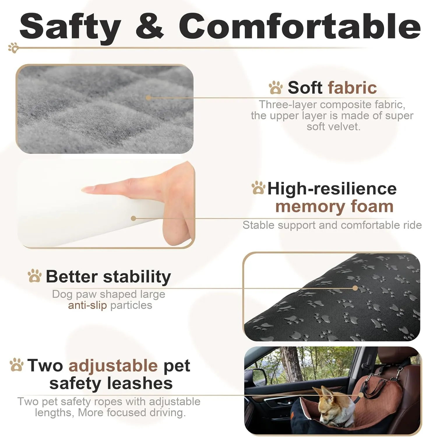 Car Dog Booster Seat,Interior Height 7 Inches Elevated for Small Dog up to 35 lbs,Pet Car Travel Safety Seat with 2 Safety Leashes,Storage Pockets,Non-Slip Bottom(Lookout-Black Outside Brown Inside)