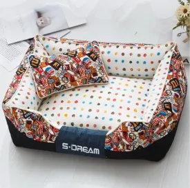 Cartoon Graffiti Orthopedic Dog Bed for Large Dogs, Durable Dog Beds with Bolster, Reversible Mat Washable Dog Bed Sofa Pet Bed with Removable Cover & Non-Slip Bottom (L 29.1 * 22.8 * 9.85 Coka)