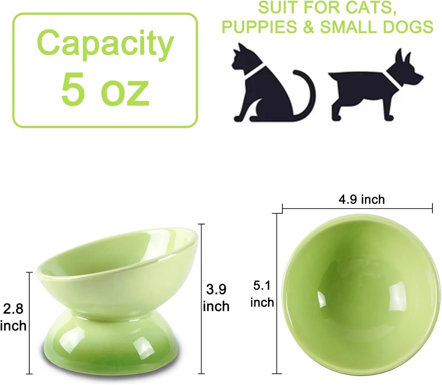 Ceramic Raised Cat Food Bowl, Tilted 15 Shallow Dish, Anti Vomiting, Safe, Microwave & Dishwasher Safe, Green