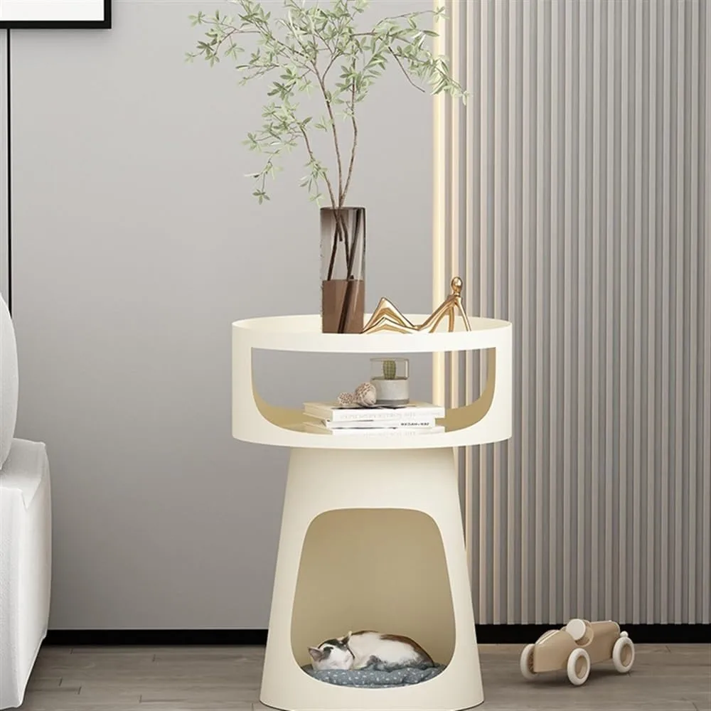 Coffee Table Creative Metal Round Side Table Double-Layer Coffee Table, Balcony Sofa Table, Bedroom Nightstand, Pet Bed for Cats Side Table(White)