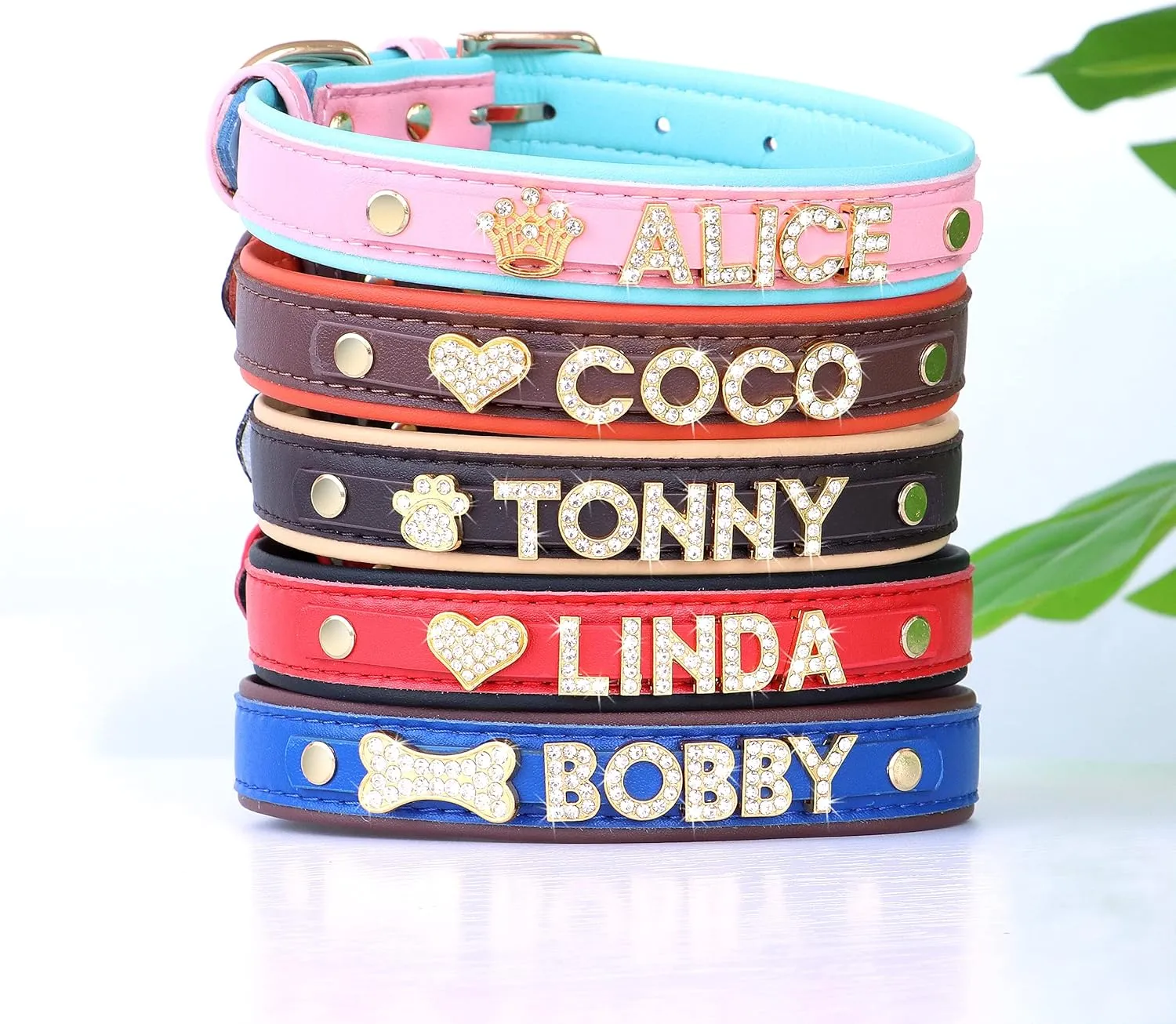 Didog Smooth PU Leather Custom Dog Collars with Rhinestone Personalized Name Letters, Fit Small Medium Dogs (L: 1.0"*14-18", Red-1)