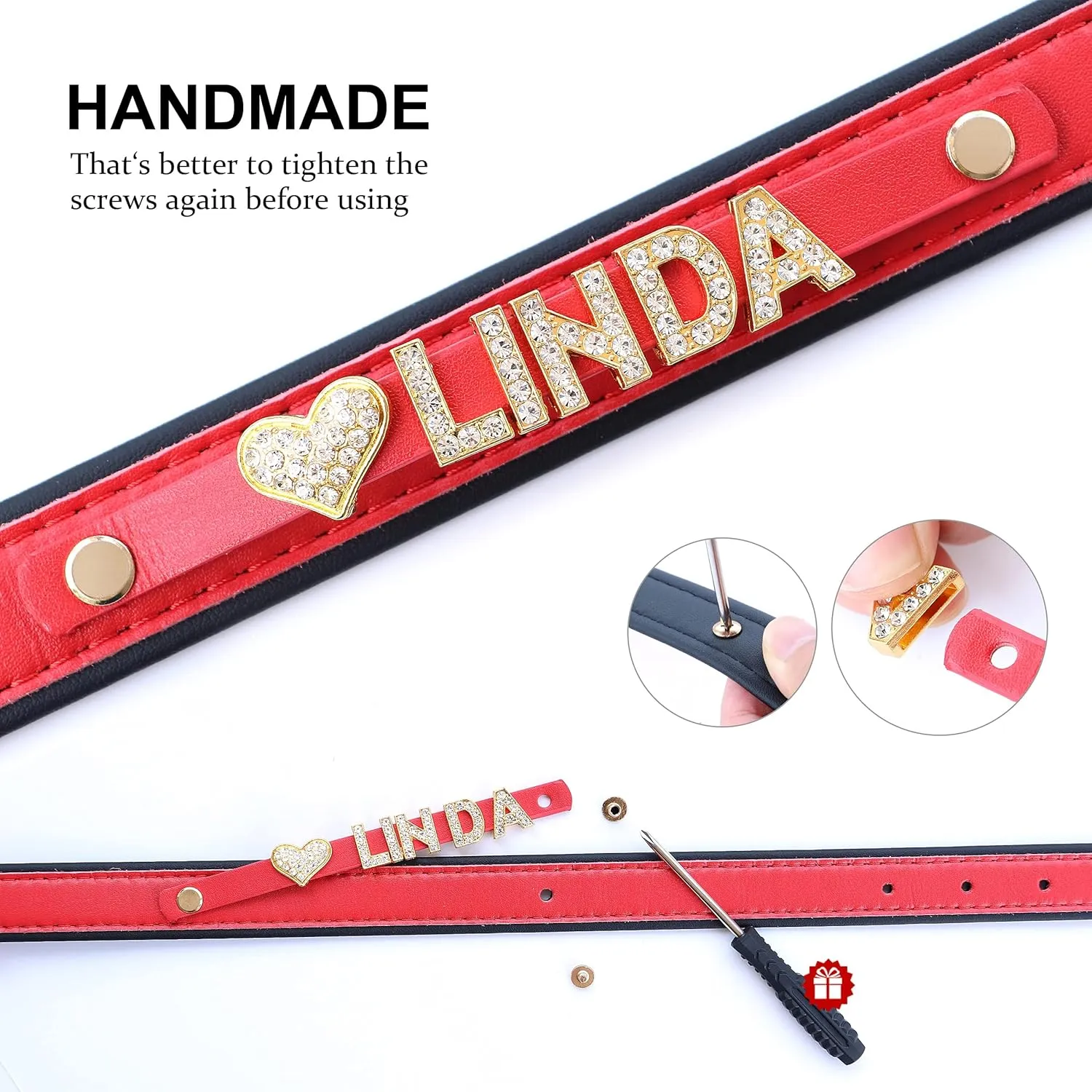 Didog Smooth PU Leather Custom Dog Collars with Rhinestone Personalized Name Letters, Fit Small Medium Dogs (L: 1.0"*14-18", Red-1)