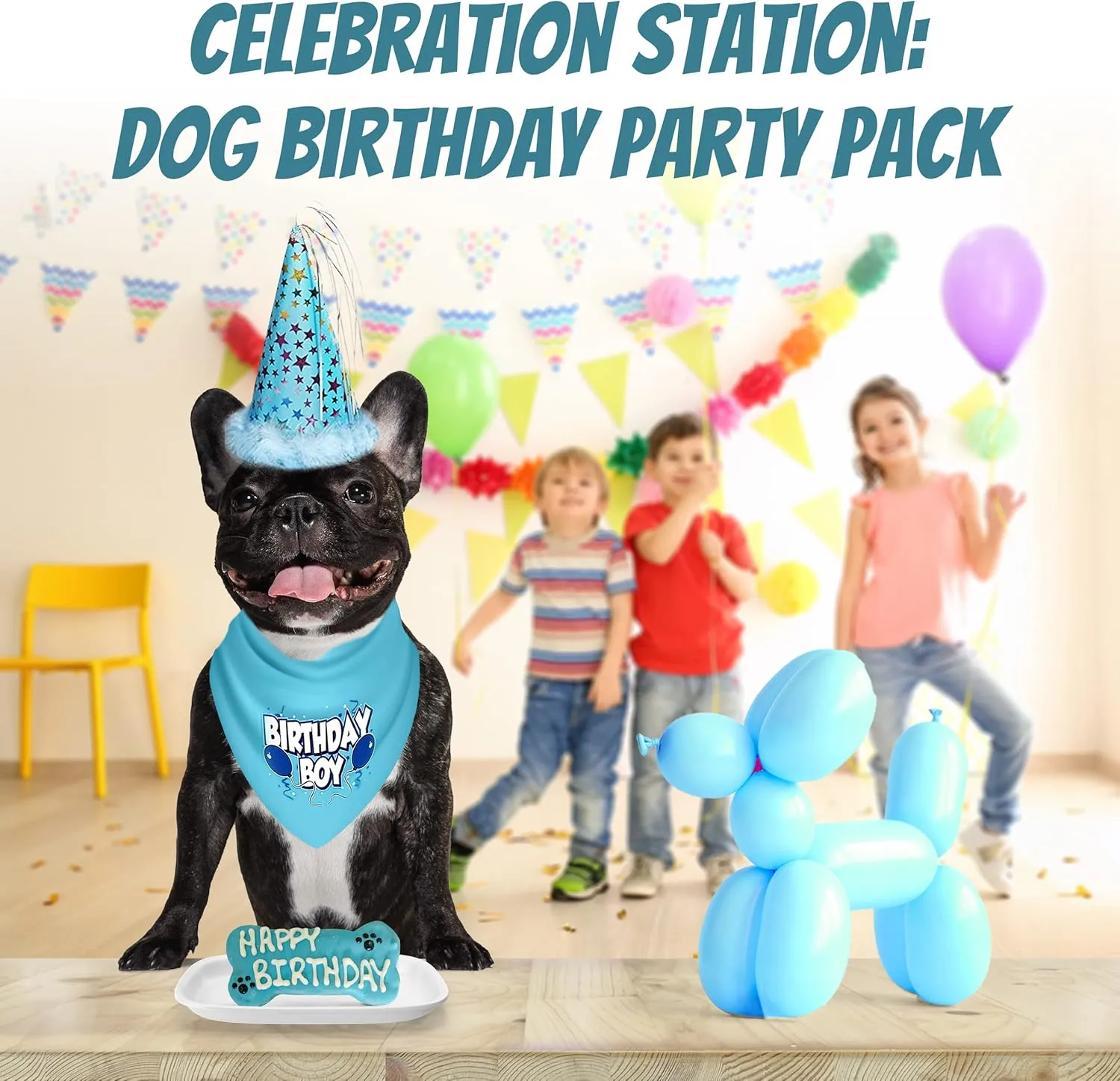 Dog Birthday Boy Party Pack with Bandana, Star Spangled Party Hat with Adjustable Elastic, Tassels and Feathery Trim, and Vegan Birthday Bone, Small