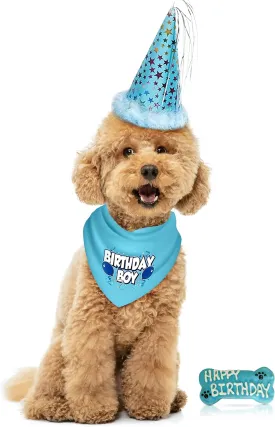 Dog Birthday Boy Party Pack with Bandana, Star Spangled Party Hat with Adjustable Elastic, Tassels and Feathery Trim, and Vegan Birthday Bone, Small
