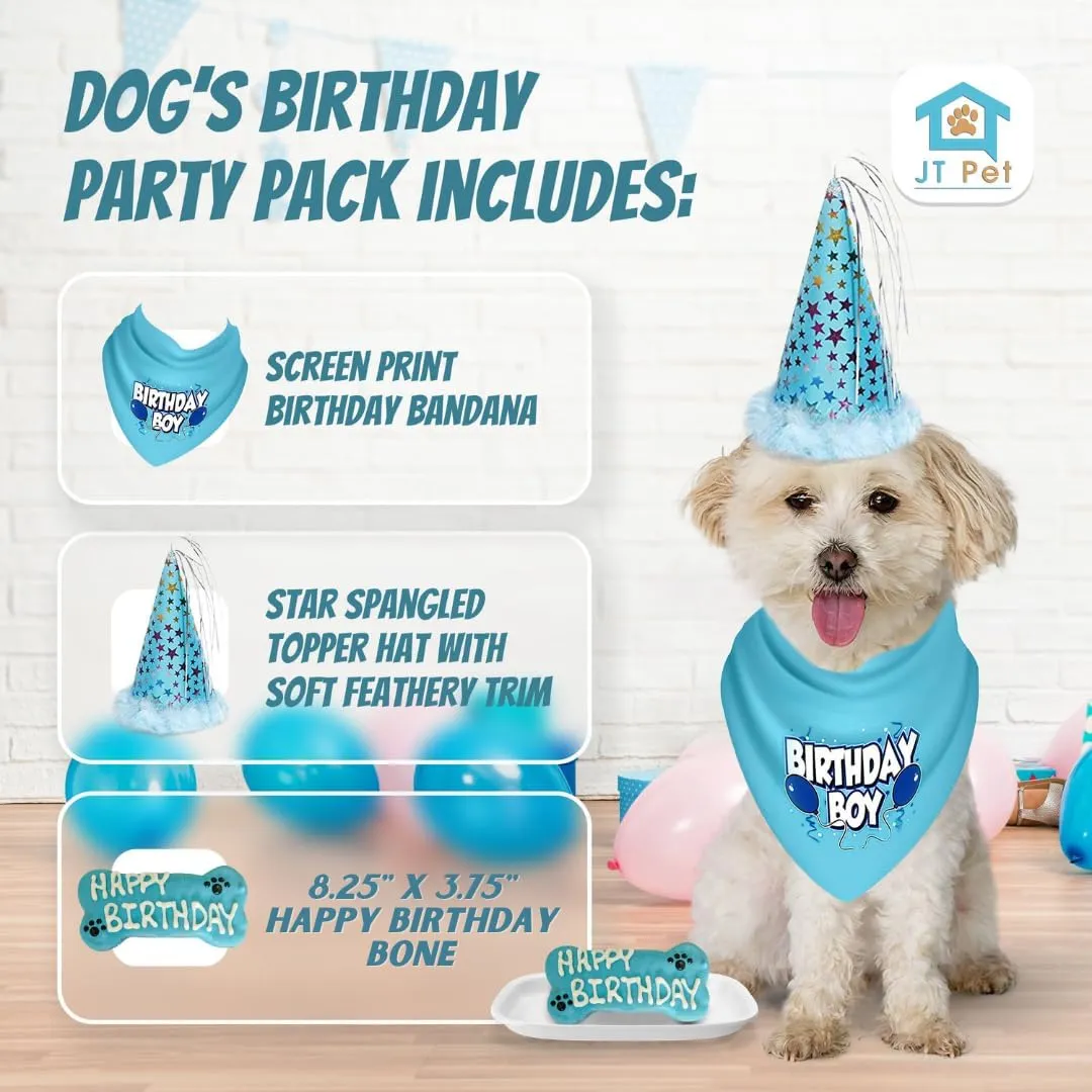 Dog Birthday Boy Party Pack with Bandana, Star Spangled Party Hat with Adjustable Elastic, Tassels and Feathery Trim, and Vegan Birthday Bone, Small