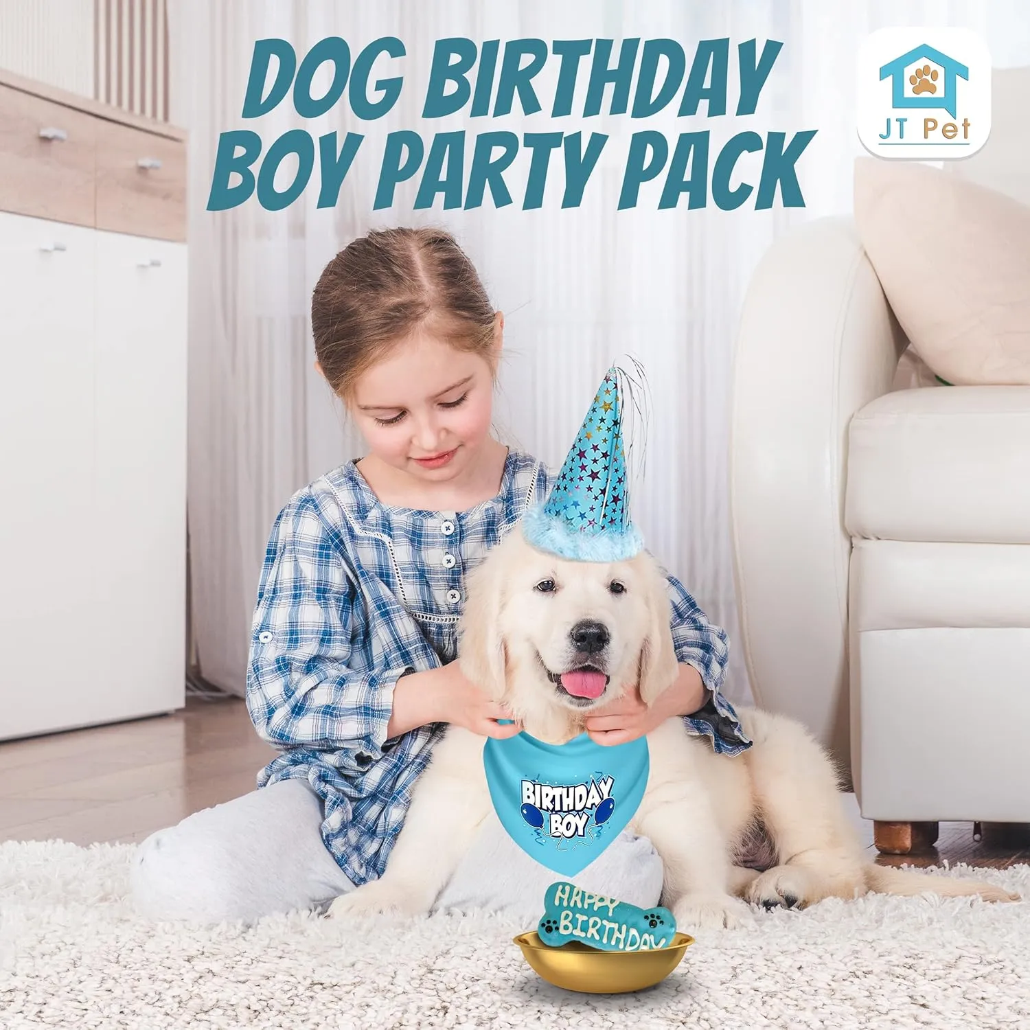 Dog Birthday Boy Party Pack with Bandana, Star Spangled Party Hat with Adjustable Elastic, Tassels and Feathery Trim, and Vegan Birthday Bone, Small