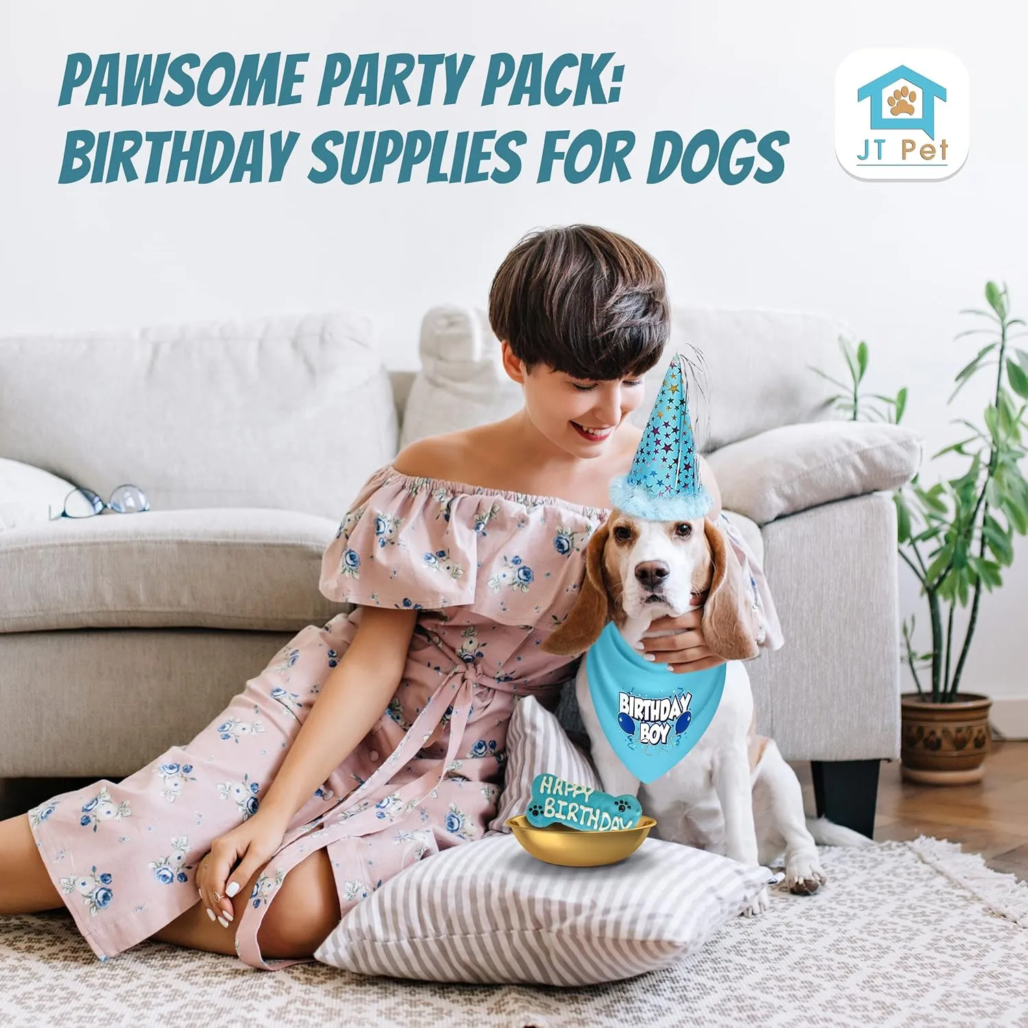 Dog Birthday Boy Party Pack with Bandana, Star Spangled Party Hat with Adjustable Elastic, Tassels and Feathery Trim, and Vegan Birthday Bone, Small