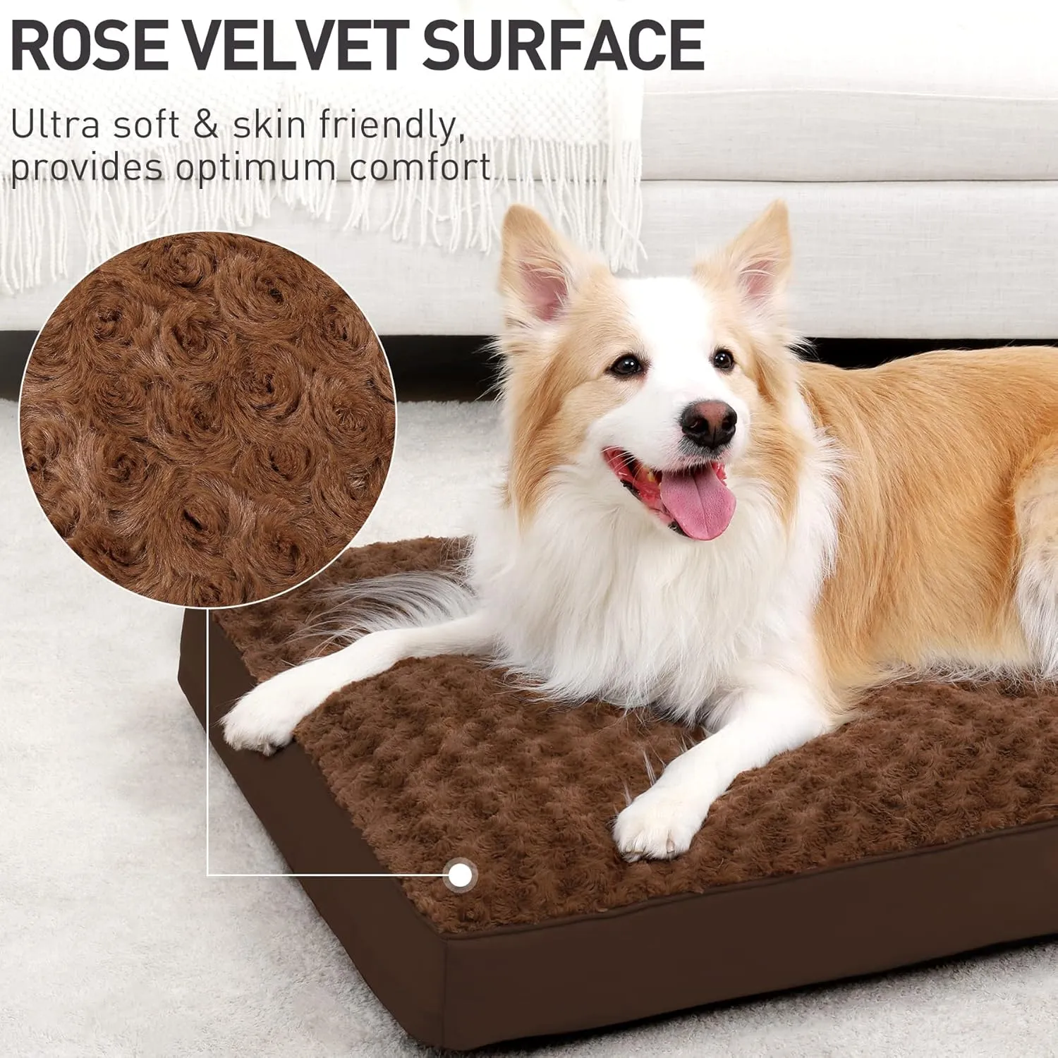 Dog Crate Bed Waterproof for Large Dogs - Rose Velvet Soft Fluffy Washable With Removable Cover & Anti-Slip Bottom, 35 x 22 Inch, Brown
