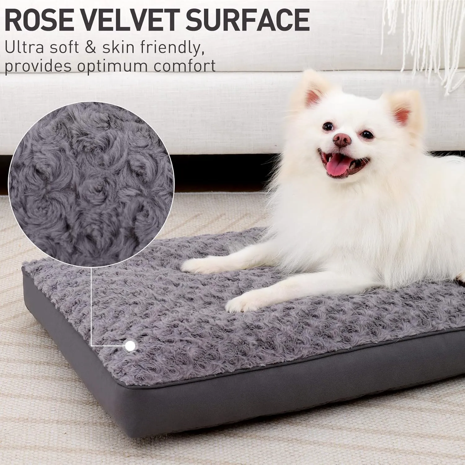 Dog Crate Bed Waterproof for Small Dogs - Rose Velvet Soft Fluffy Washable With Removable Cover & Anti-Slip Bottom, 23 x 17 Inch, Gray
