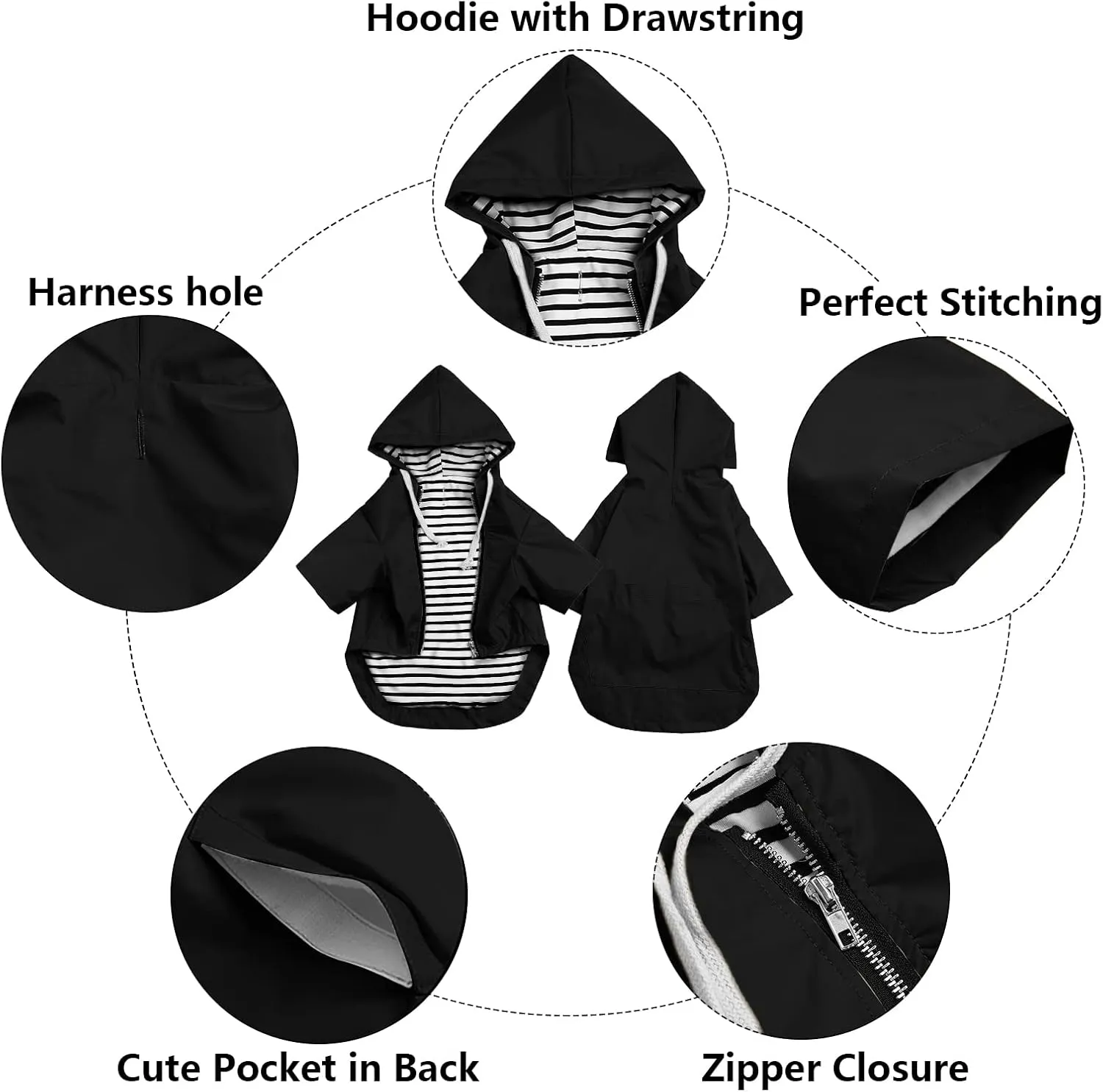 Dog Raincoat rain Jacket Raincoat Dogs Waterproof Small Medium Breeds Zip Closure Storage Pocket Harness Hole Black M