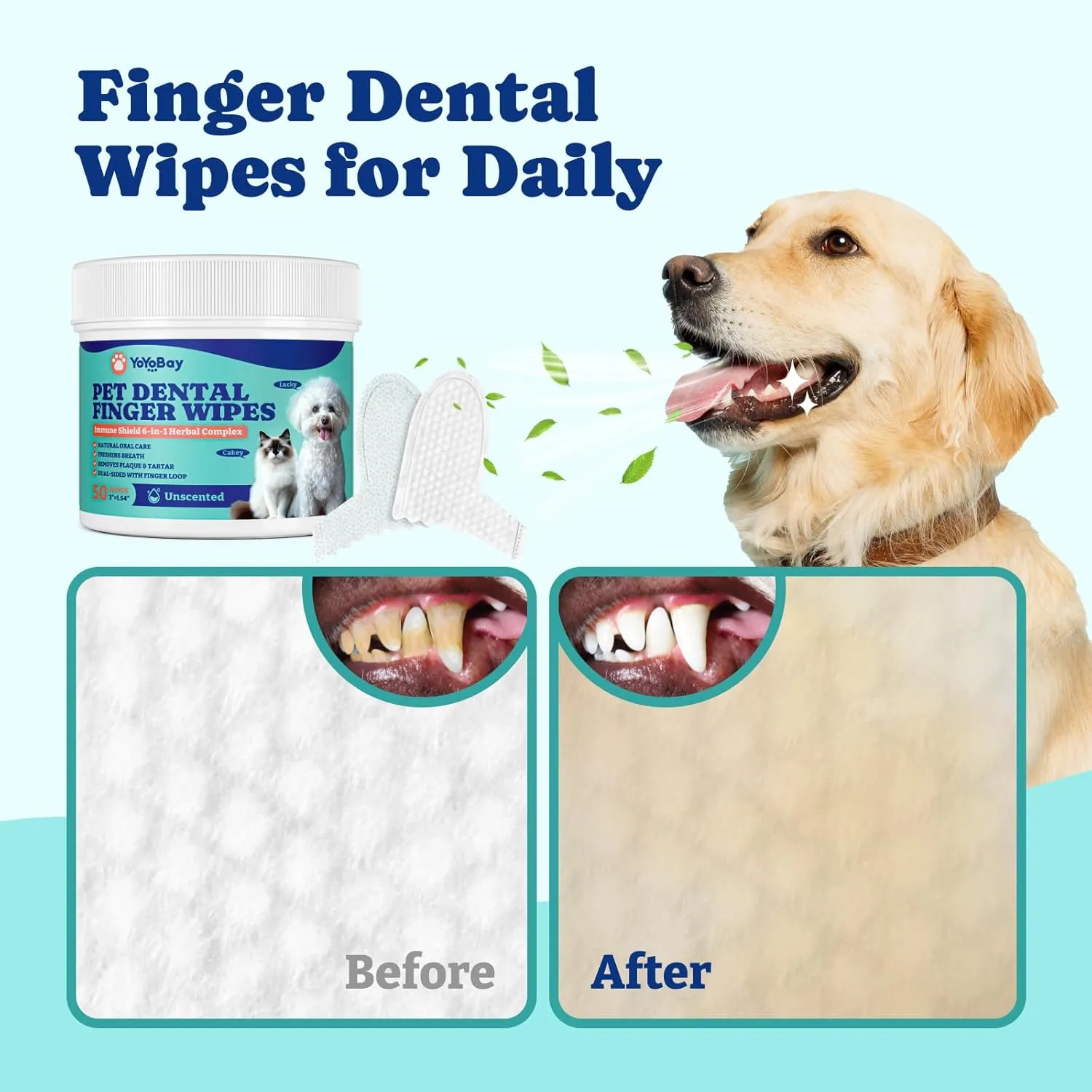 Dog Teeth Cleaning Wipes, Pet Finger Dental Wipes for Dogs & Cats, Dual-Sided, 6-in-1 Herbal Formula, Remove Plaque & Tartar, Freshen Breath, No-Rinse Toothbrush Wipes  50 PCS x 2, Unflavored