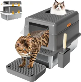 Erinaik Stainless Steel Cat Litter Box with Lid,36L Extra Large Litter Box XL for Big Cats Top Entry Metal Litter Box with Double Filter Pedal & Scoop High Sided & Non-Sticky & Anti-Leakage