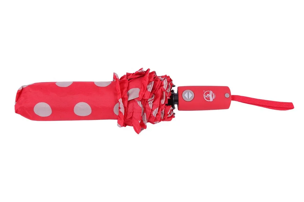 FabSeasons Big Grey Polka Dots Printed Automatic 3 Fold Red Umbrella with frills