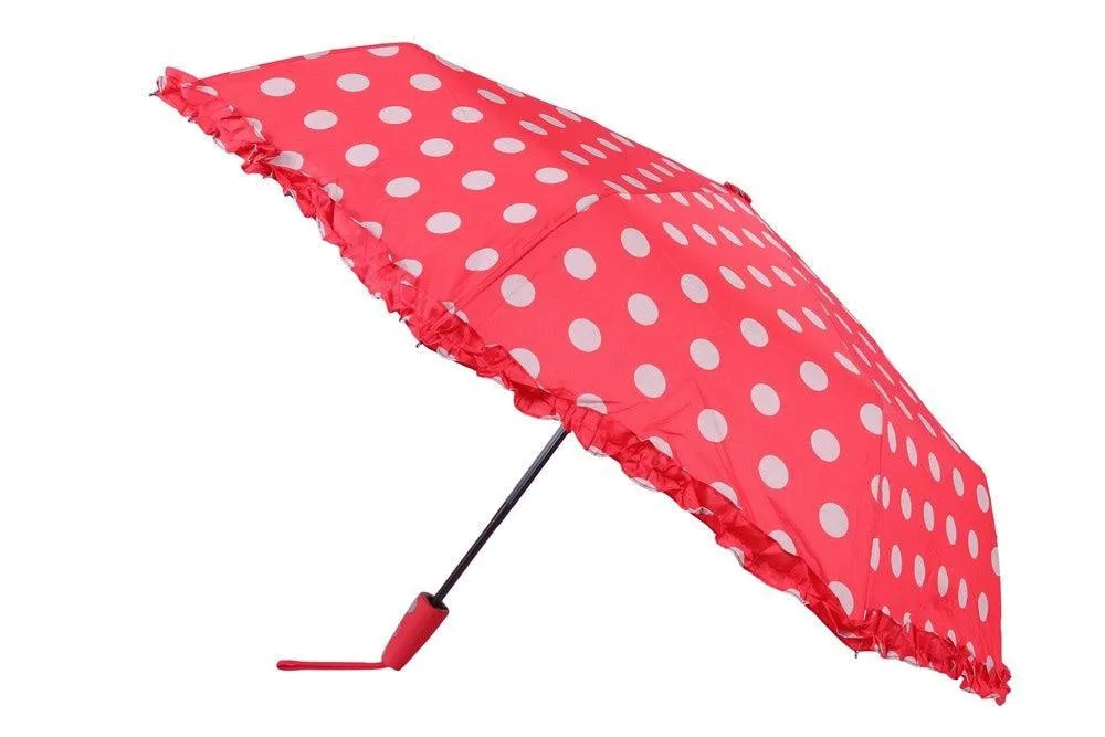 FabSeasons Big Grey Polka Dots Printed Automatic 3 Fold Red Umbrella with frills