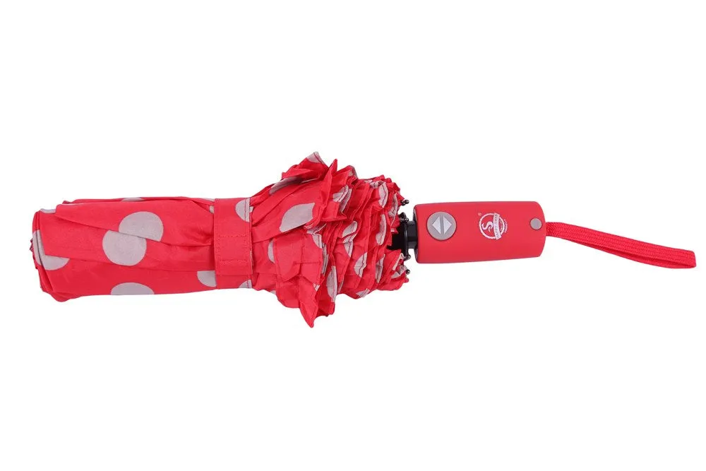 FabSeasons Big Grey Polka Dots Printed Automatic 3 Fold Red Umbrella with frills