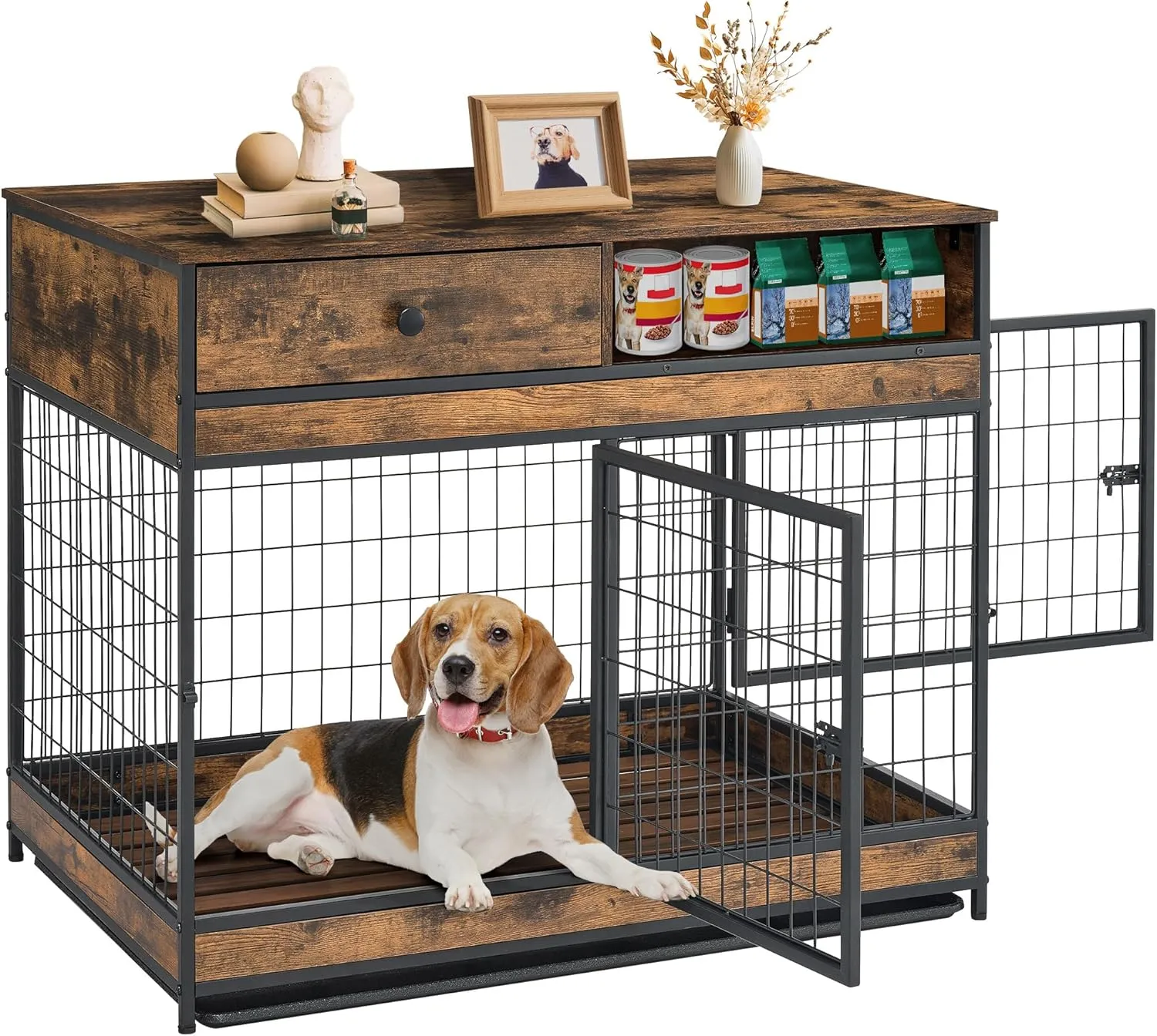 FAVOOSTY Dog Crate Furniture, 38.8 Inch Dog Kennel with Storage Drawer, Double Doors Heavy Duty Dog Cage with Removable Tray, Indoor Wooden Pet Crate for Medium Large Dogs, Rustic Brown