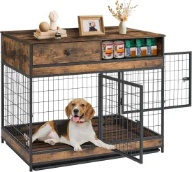 FAVOOSTY Dog Crate Furniture, 38.8 Inch Dog Kennel with Storage Drawer, Double Doors Heavy Duty Dog Cage with Removable Tray, Indoor Wooden Pet Crate for Medium Large Dogs, Rustic Brown