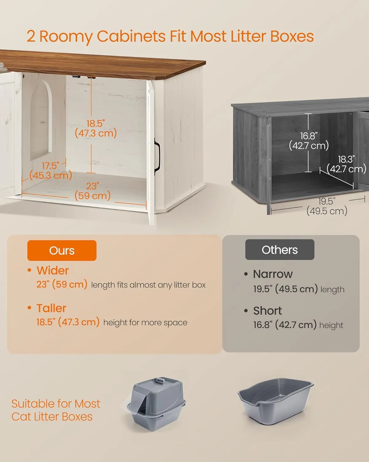 Feandrea Double Cat Litter Box Enclosure, Modern Litter Box Furniture Hidden for 2 Cats, Front Entry, Cat House, Side End Table, TV Stand, 59 x 19 x 19.5 Inches, Honey Brown, Rustic White UPCL010K01