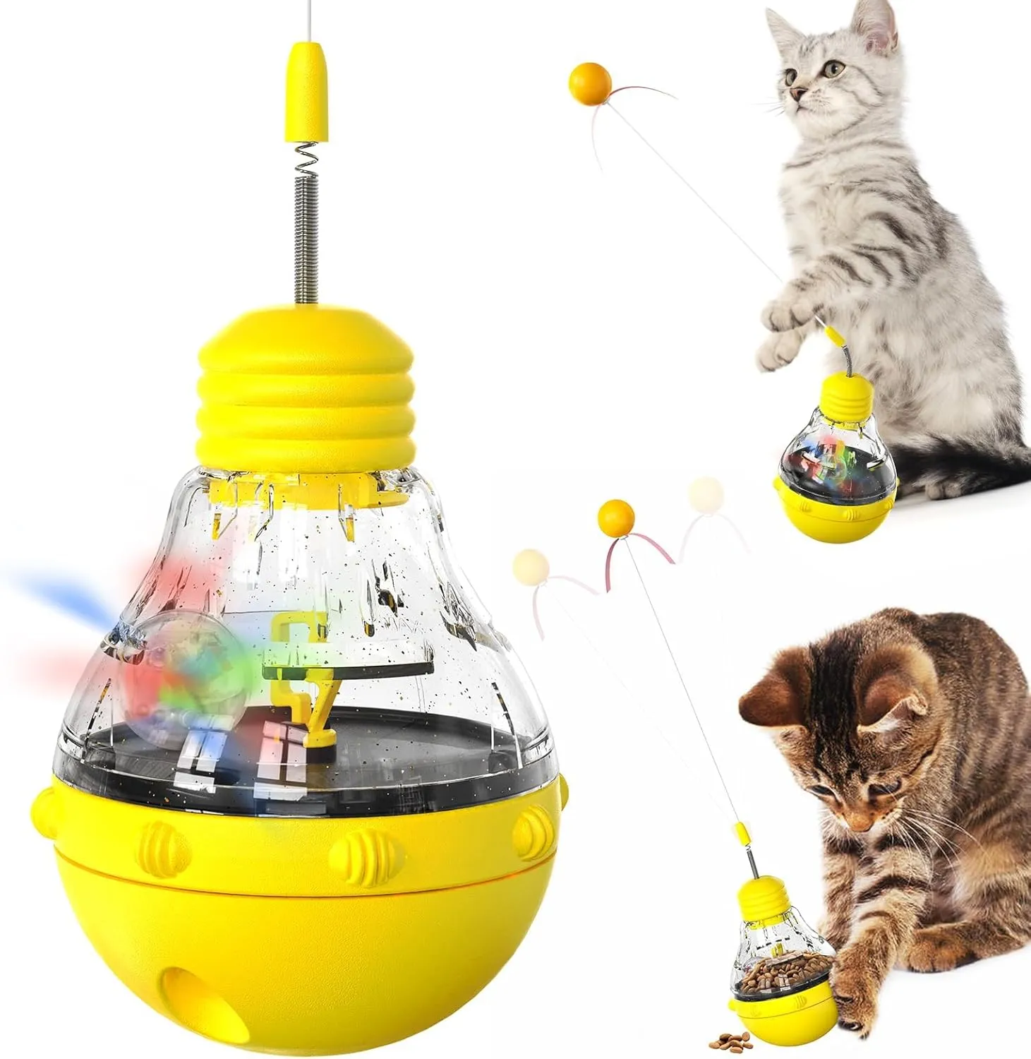 FOXLVDA Interactive Cat Toy for Indoor Cats, Cat Treat Puzzle Feeder Toy-Cat Treat Dispenser, Engaging Tumbler Design with Teaser Wand, Durable, Non-Toxic and Safe, Enrichment for Indoor Cats (Yellow)