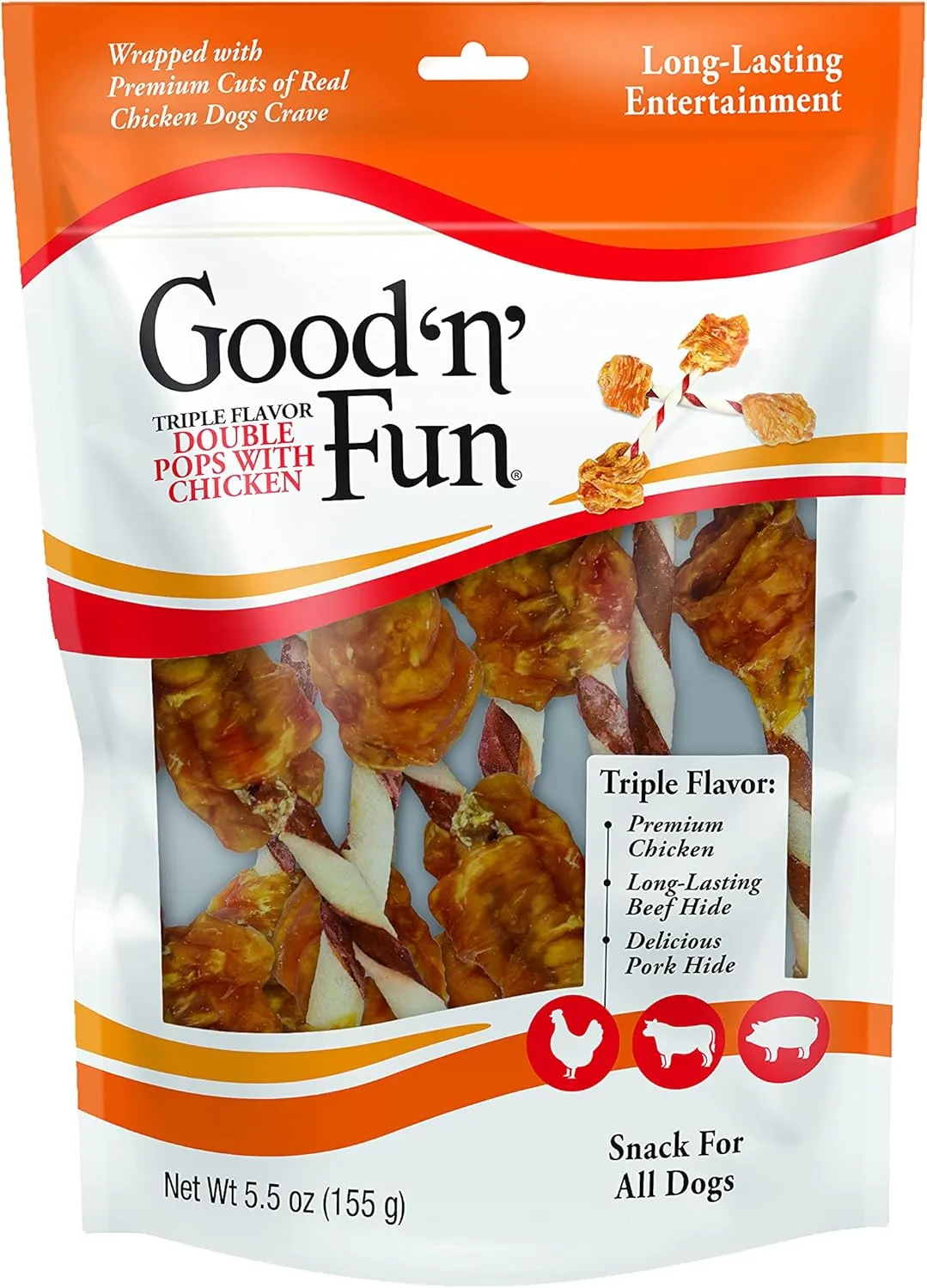 Good 'n' Fun Triple Flavor Double Pops with Chicken, Gourmet Dog Snacks, 5.5 Ounces