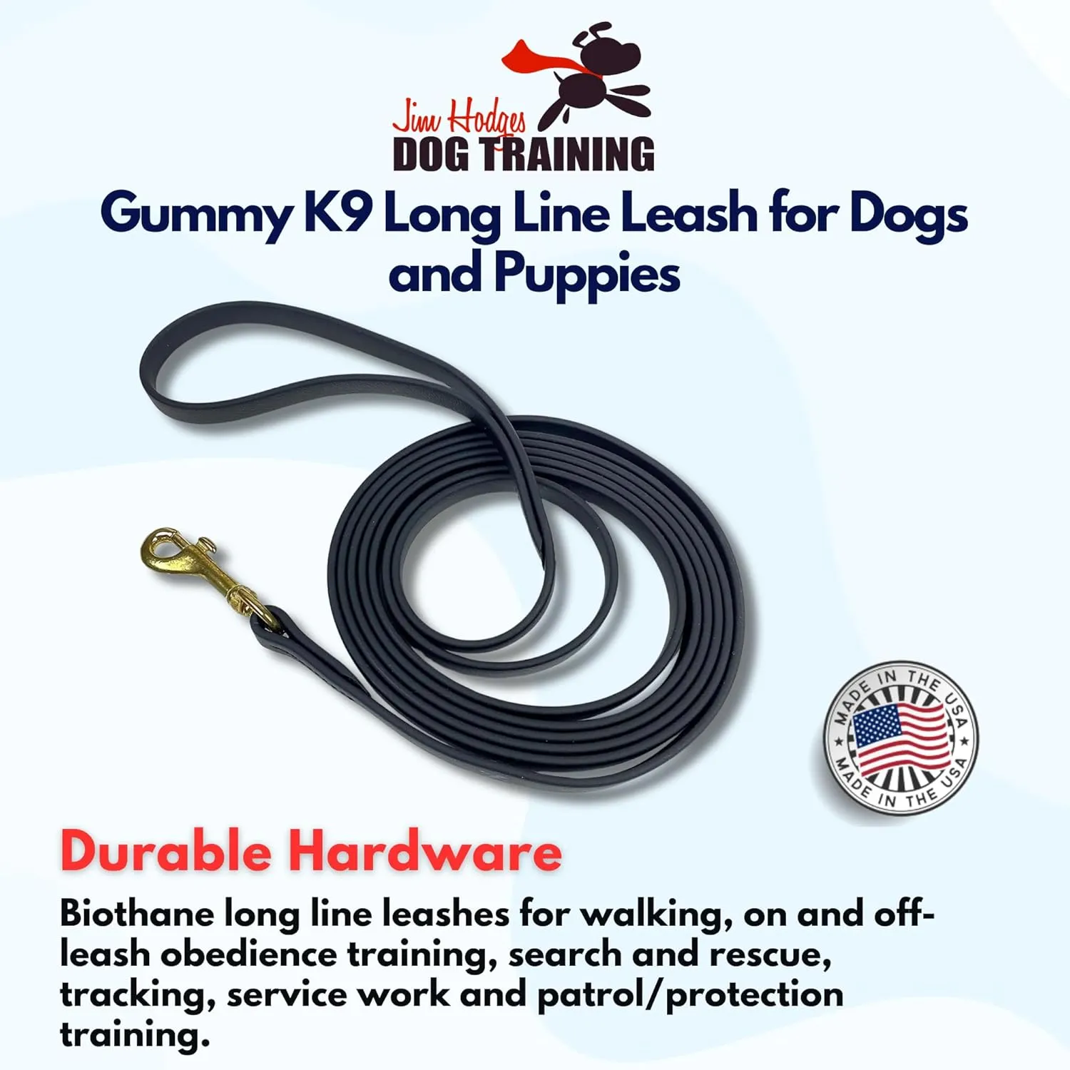 Gummy K9 Biothane Long Line Leash for Dogs, 10,15,20 and 32.5 Feet, Walking Tracking Training Service - Washable Waterproof Lead for Working K9 Groups, Dog and Puppy Owners
