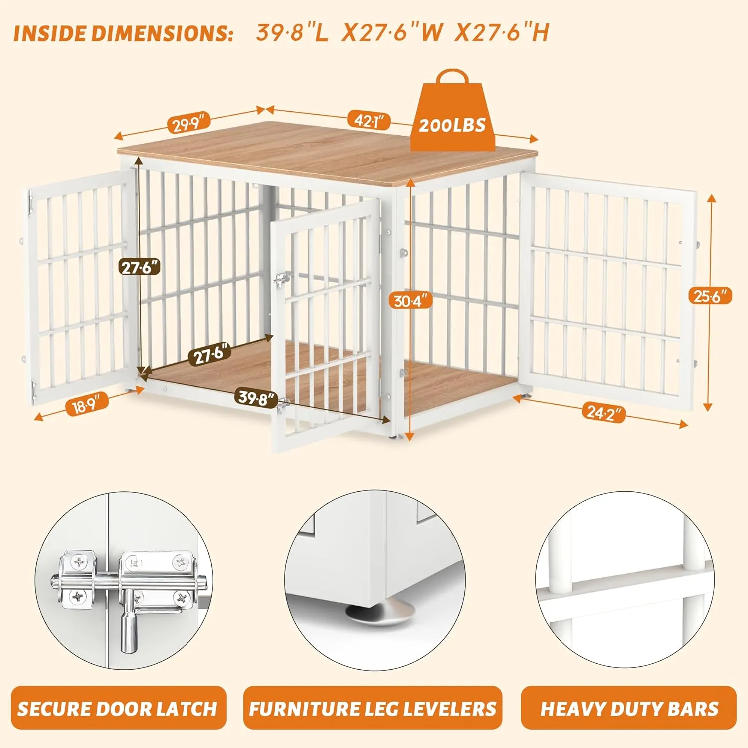Heavy Duty Dog Crate Furniture for Large and Medium Dogs, Decorative Pet House End Table, Wooden Cage Kennel Indoor, White and Natural
