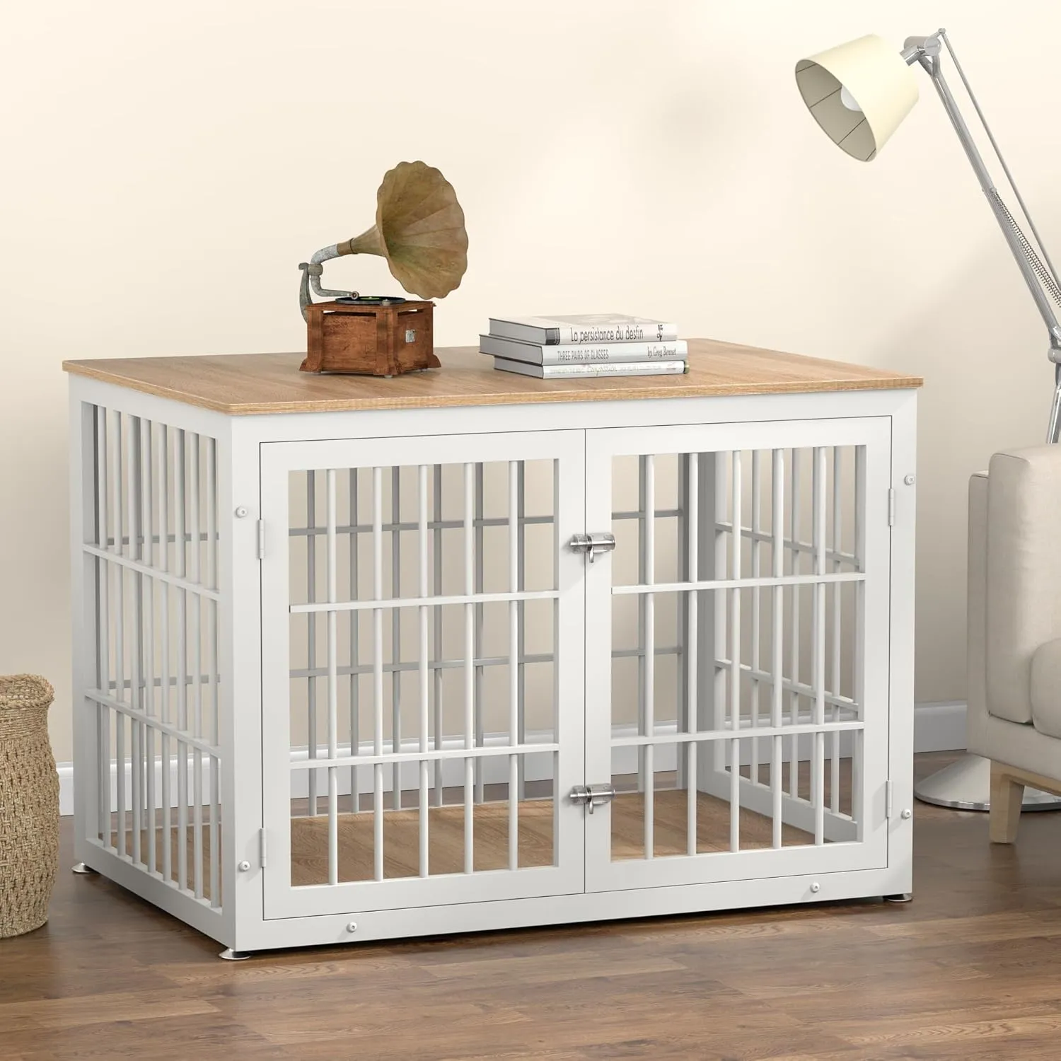 Heavy Duty Dog Crate Furniture for Large and Medium Dogs, Decorative Pet House End Table, Wooden Cage Kennel Indoor, White and Natural
