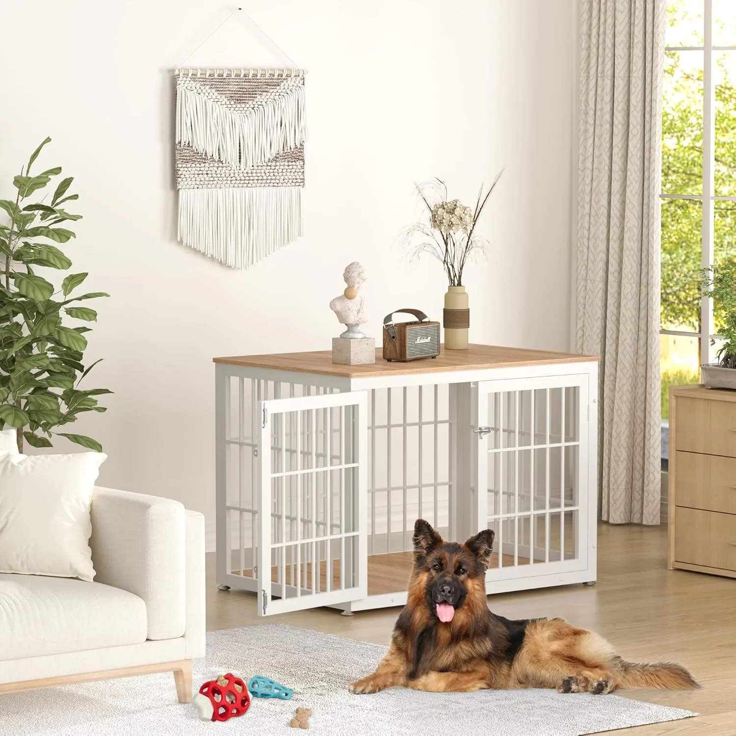 Heavy Duty Dog Crate Furniture for Large and Medium Dogs, Decorative Pet House End Table, Wooden Cage Kennel Indoor, White and Natural