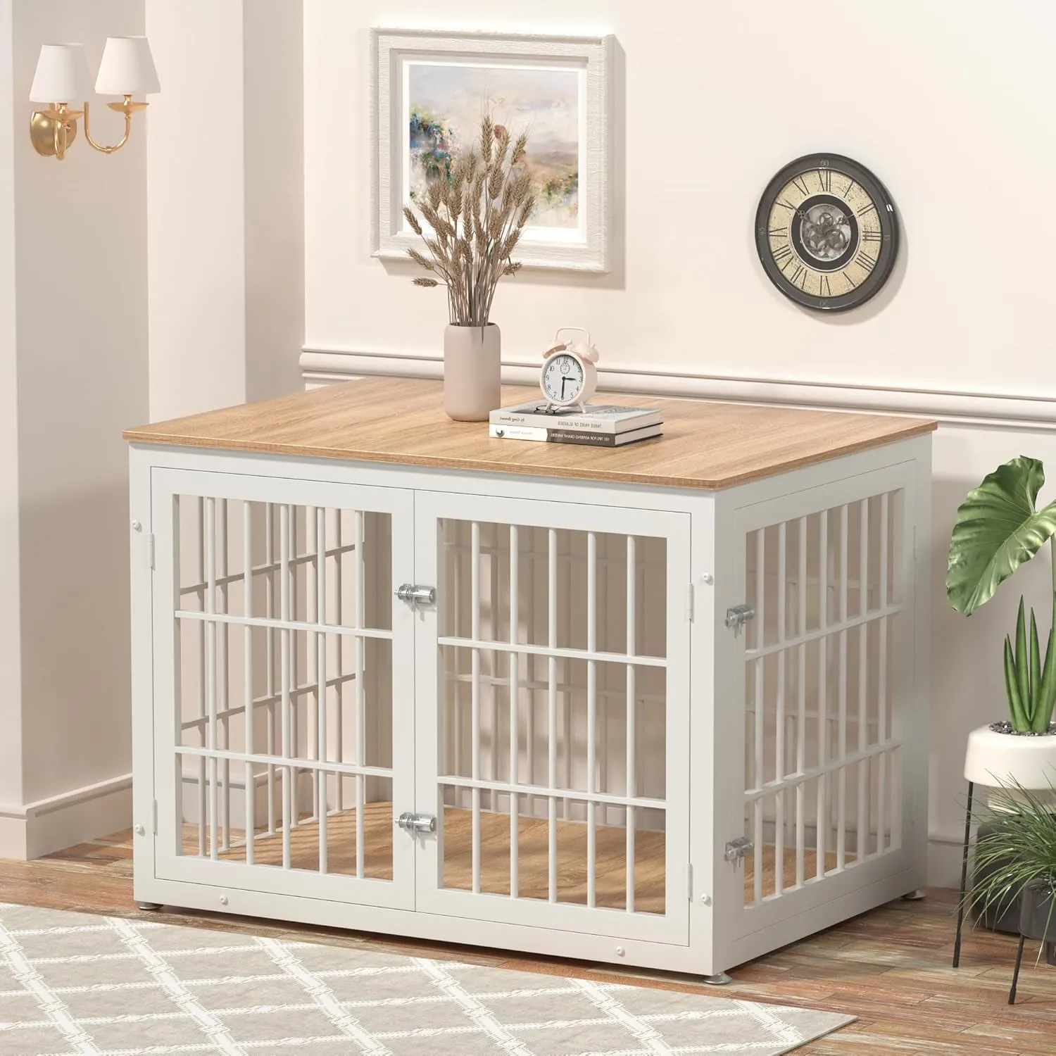 Heavy Duty Dog Crate Furniture for Large and Medium Dogs, Decorative Pet House End Table, Wooden Cage Kennel Indoor, White and Natural
