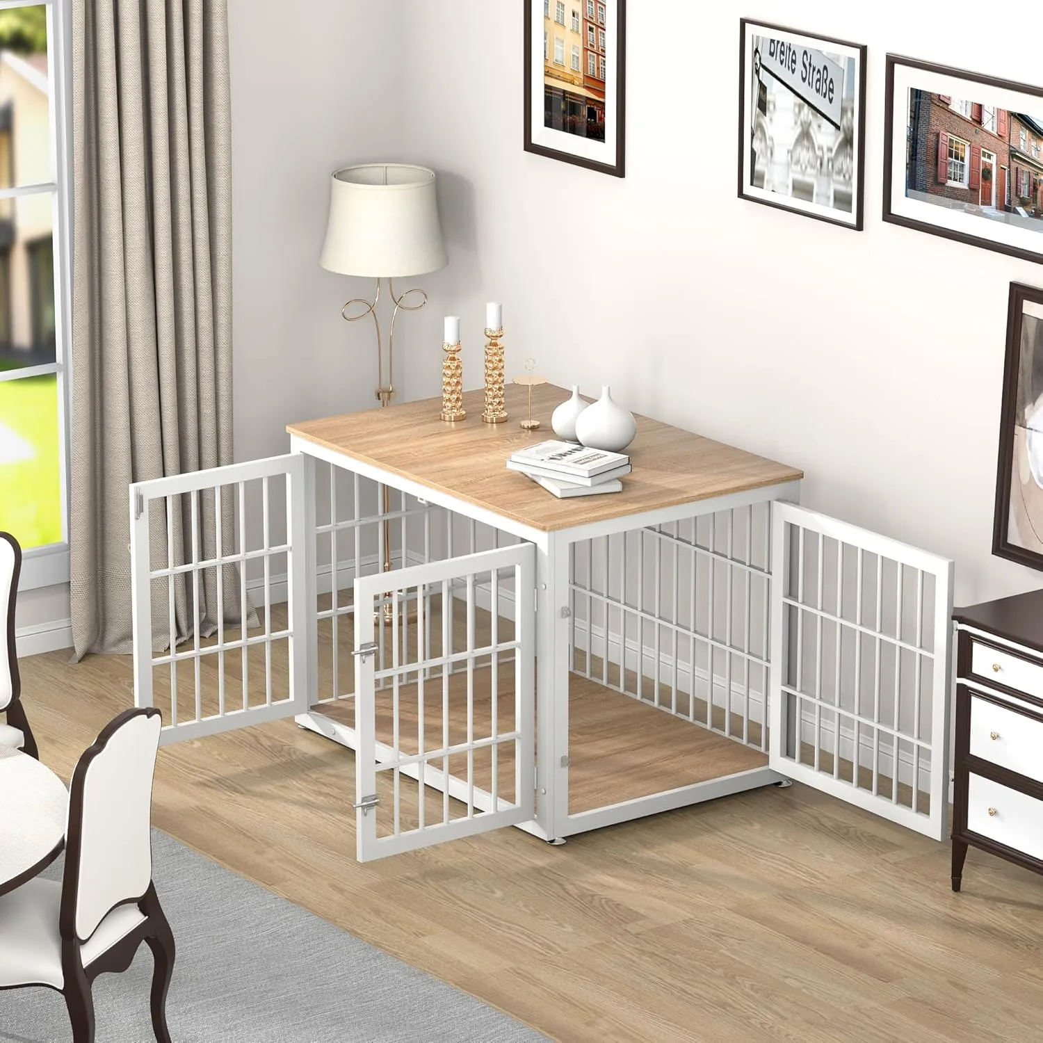 Heavy Duty Dog Crate Furniture for Large and Medium Dogs, Decorative Pet House End Table, Wooden Cage Kennel Indoor, White and Natural