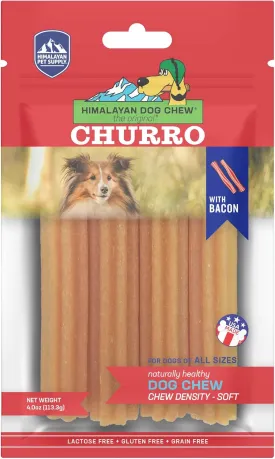 Himalayan Dog Chew Churro Yak Cheese Dog Chews, 100% Natural, Long Lasting, Gluten Free, Healthy & Safe Dog Treats, Lactose & Grain Free, Protein Rich, For All Breeds, Soft, Real Bacon Flavor, 4 Pack