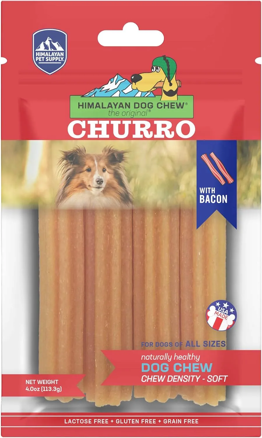 Himalayan Dog Chew Churro Yak Cheese Dog Chews, 100% Natural, Long Lasting, Gluten Free, Healthy & Safe Dog Treats, Lactose & Grain Free, Protein Rich, For All Breeds, Soft, Real Bacon Flavor, 4 Pack