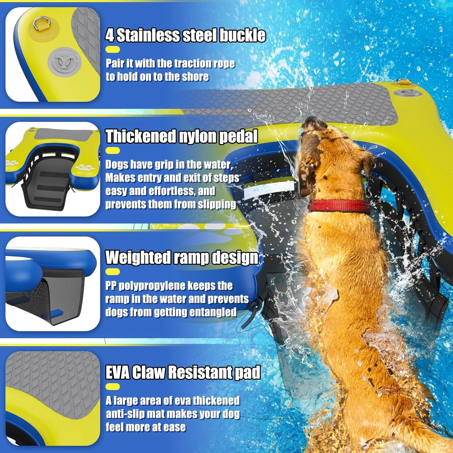 Inflatable Dog Pool Float Dock Platform for Small Dogs, Dog Pool Ramp Ladder with Non Slip Steps | Dog Floats Water Ramp for Boat, Inground Above Ground Pool, Lake | Heavy Duty Floating Ramp Plank