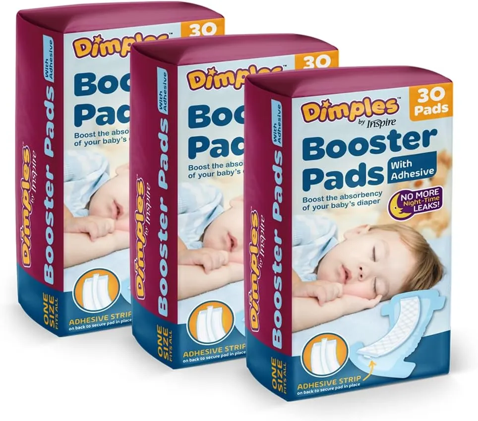 Inspire Dimples Booster Pads, Baby Diaper Doubler with Adhesive - 1 Size Fits All Diapers - Boosts Diaper Absorbency - No More leaks 90 Count (with Adhesive for Secure Fit)