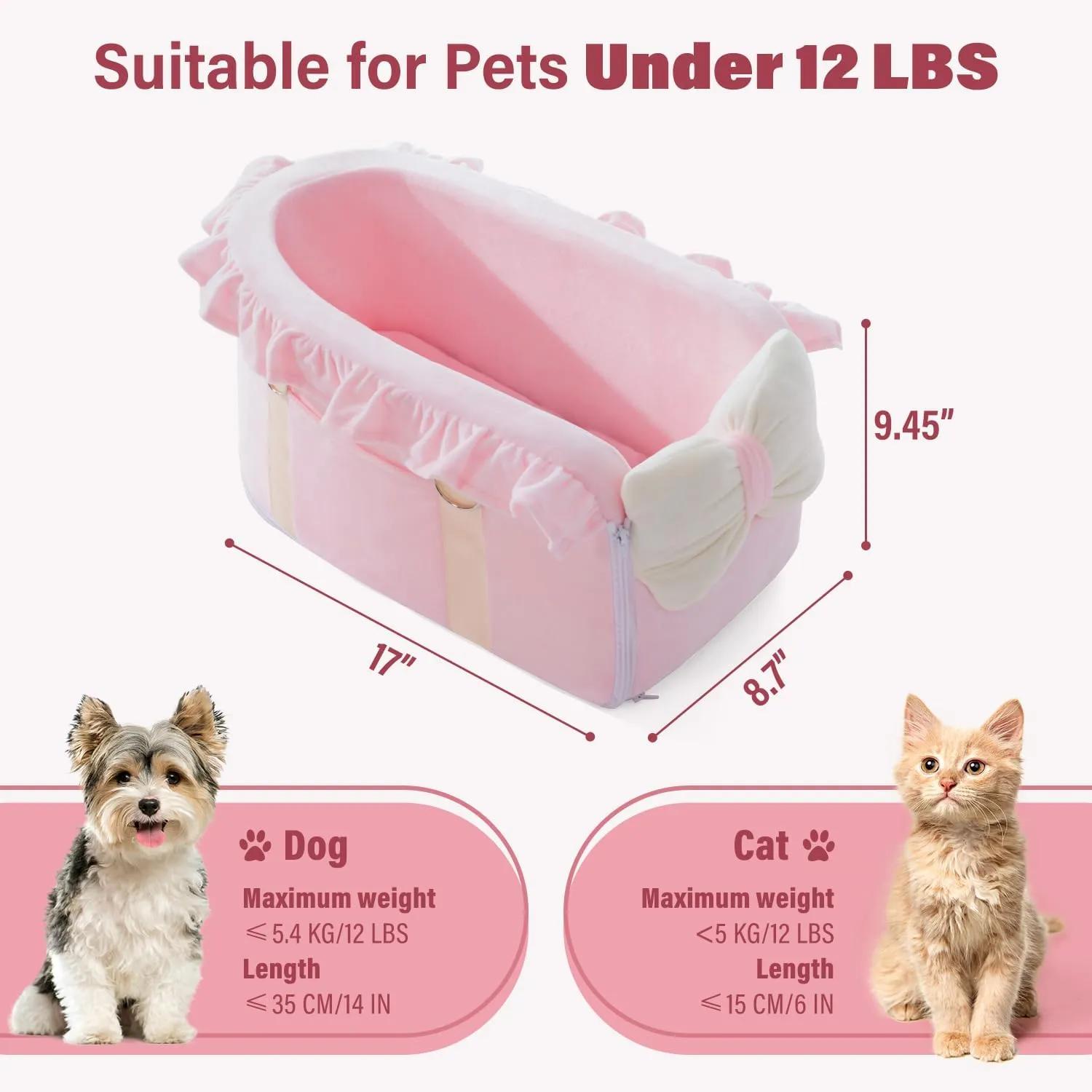 Jaoul Small Dog Car Seat - Detachable with Adjustable Straps, Center Console Design - Comfortable Bow Style Pet Car Seat - Portable Booster for Puppies and Cats, Pink