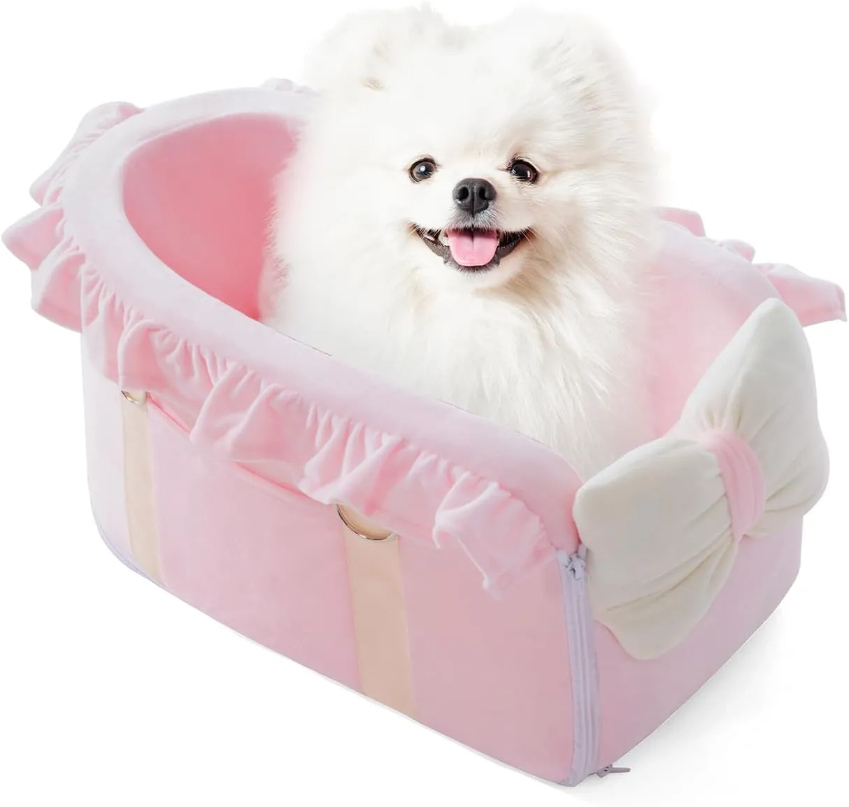 Jaoul Small Dog Car Seat - Detachable with Adjustable Straps, Center Console Design - Comfortable Bow Style Pet Car Seat - Portable Booster for Puppies and Cats, Pink