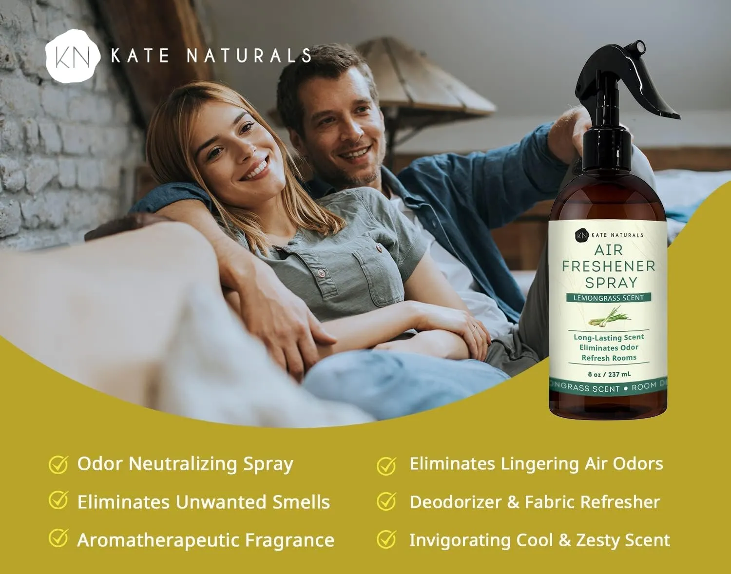 Kate Naturals Air Freshener Spray for Home. Lemongrass Essential Oil Room Freshener Spray for Pillows, Bedding, Linen, Room Spray (8 fl oz, Pet Safe, Non-Toxic)