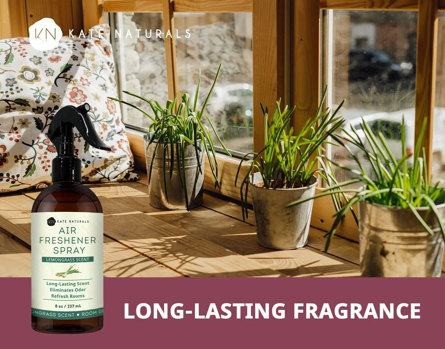 Kate Naturals Air Freshener Spray for Home. Lemongrass Essential Oil Room Freshener Spray for Pillows, Bedding, Linen, Room Spray (8 fl oz, Pet Safe, Non-Toxic)