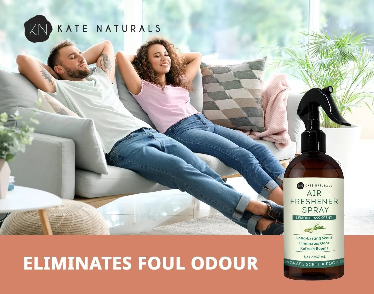 Kate Naturals Air Freshener Spray for Home. Lemongrass Essential Oil Room Freshener Spray for Pillows, Bedding, Linen, Room Spray (8 fl oz, Pet Safe, Non-Toxic)