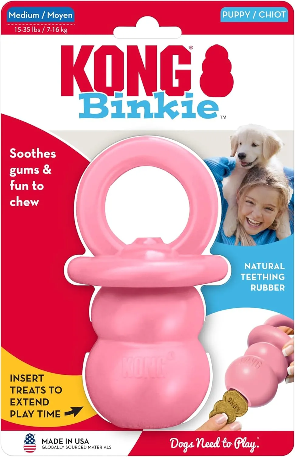 KONG Puppy Binkie - Pacifier Dog Toy for Puppies - Stuffable Treat Chew Toy for Treats - Durable Natural Rubber for Teething Puppy - for Medium Puppies - Pink