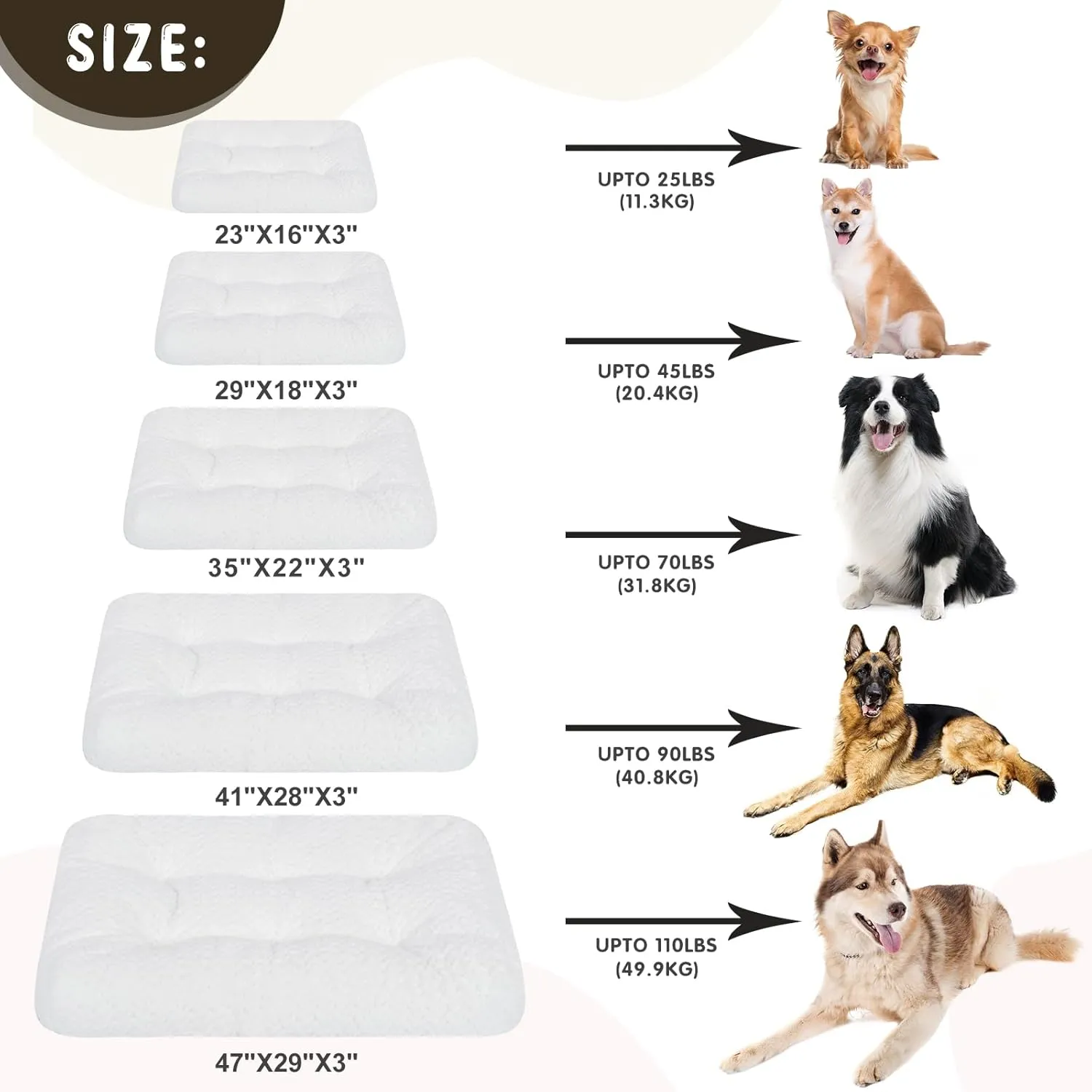 KROSER Deluxe Dog Crate Bed Mat, Soft Crate Pad, Machine Washable Pet Cage Mattress Reversible (Cool & Warm), Kennel Bed for Small to Jumbo Dogs, White