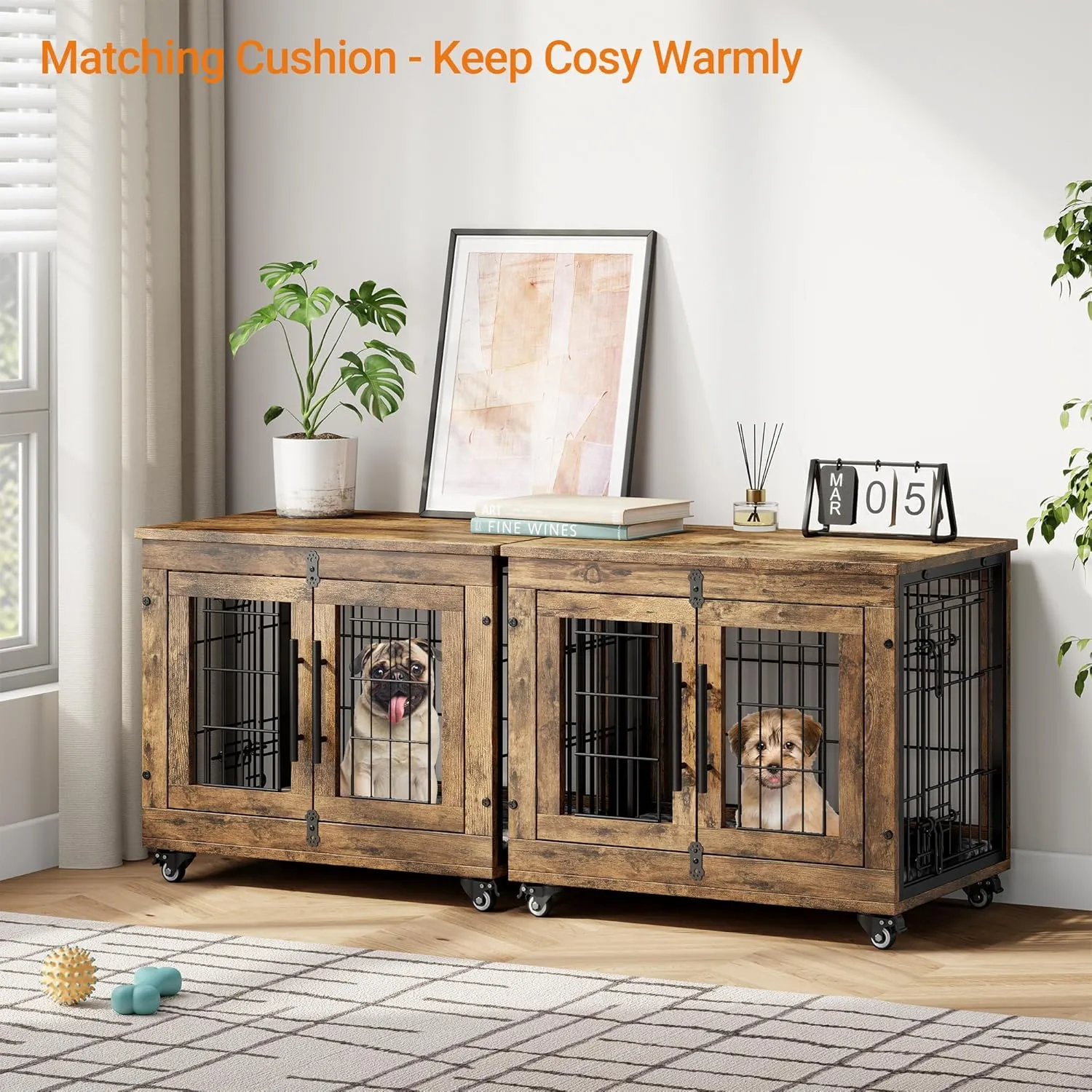 Lulive Small Dog Crate Furniture, Dog Kennel Indoor Double Doors Wooden Dog Cage, 27.1'' Heavy Duty Dog Crate with Cushion & Wheels, Decorative End Table Pet House Chew-Resistant for Small Dogs, Brown