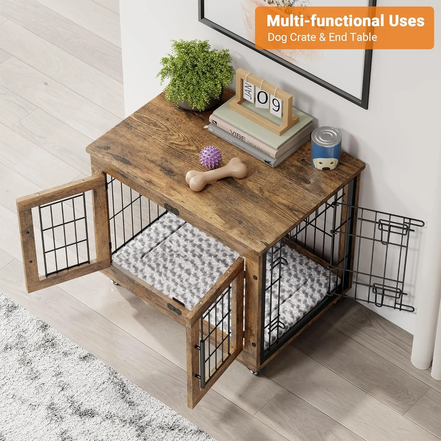 Lulive Small Dog Crate Furniture, Dog Kennel Indoor Double Doors Wooden Dog Cage, 27.1'' Heavy Duty Dog Crate with Cushion & Wheels, Decorative End Table Pet House Chew-Resistant for Small Dogs, Brown