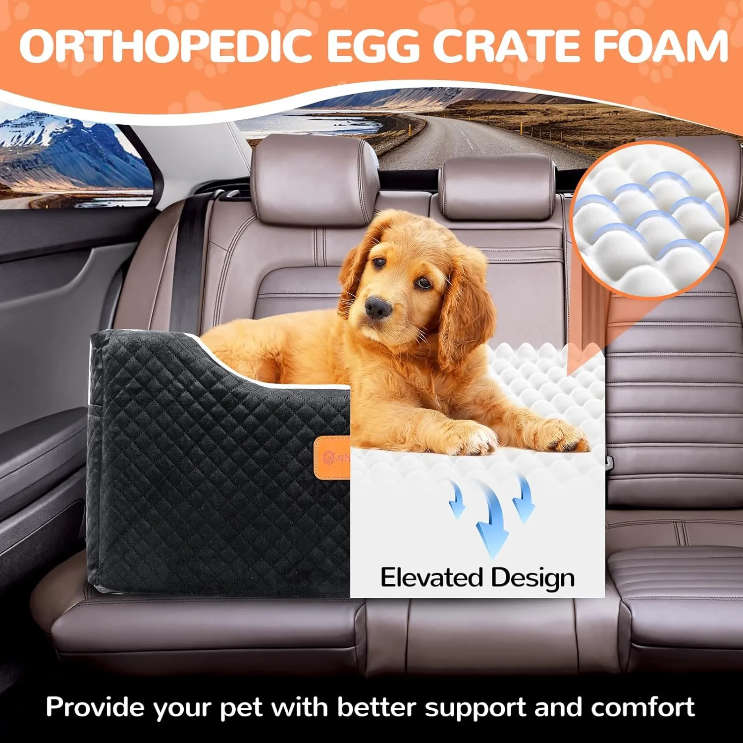 Memory Foam Booster Dog Car Seat for Medium Dogs Under 45 LBS, Elevated Pet Car Seat with Detachable Washable Cover, Anti-Slip Sturdy Dog Booster Seat with Seat Belt for Back Seat Travel